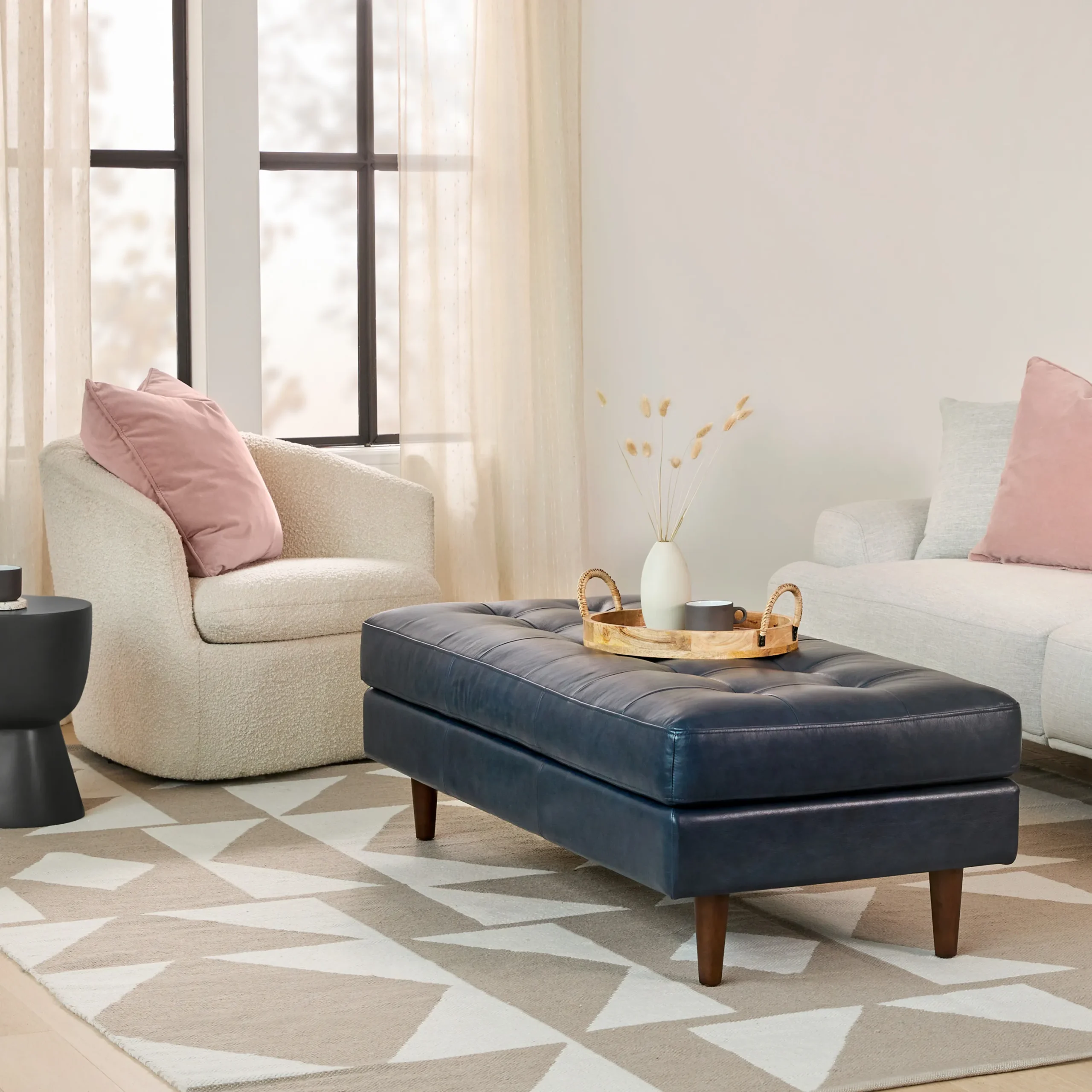 Sven 56_ Tufted Leather Bench - Oxford Blue