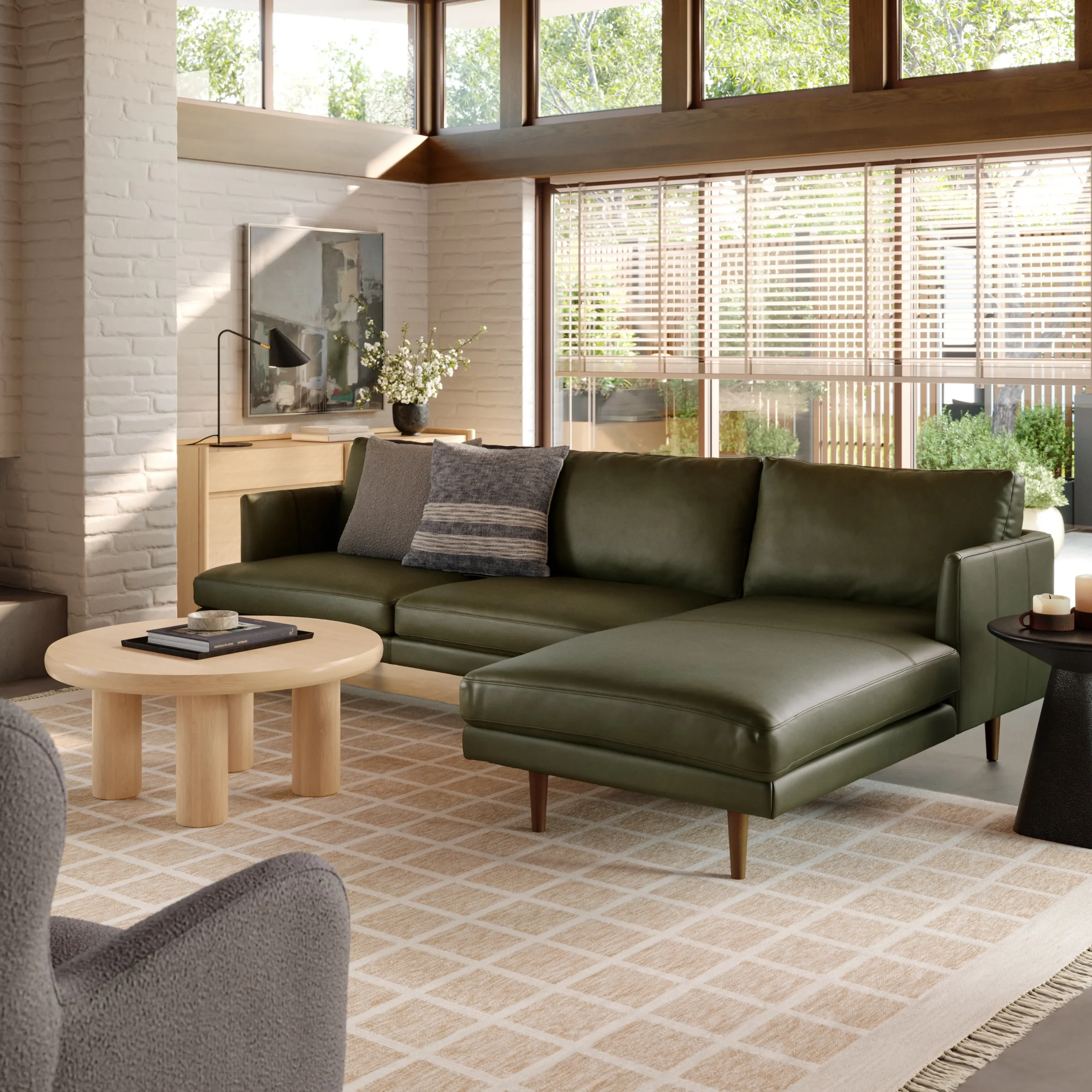Burrard 112_ Leather Right Sectional - Charme Green