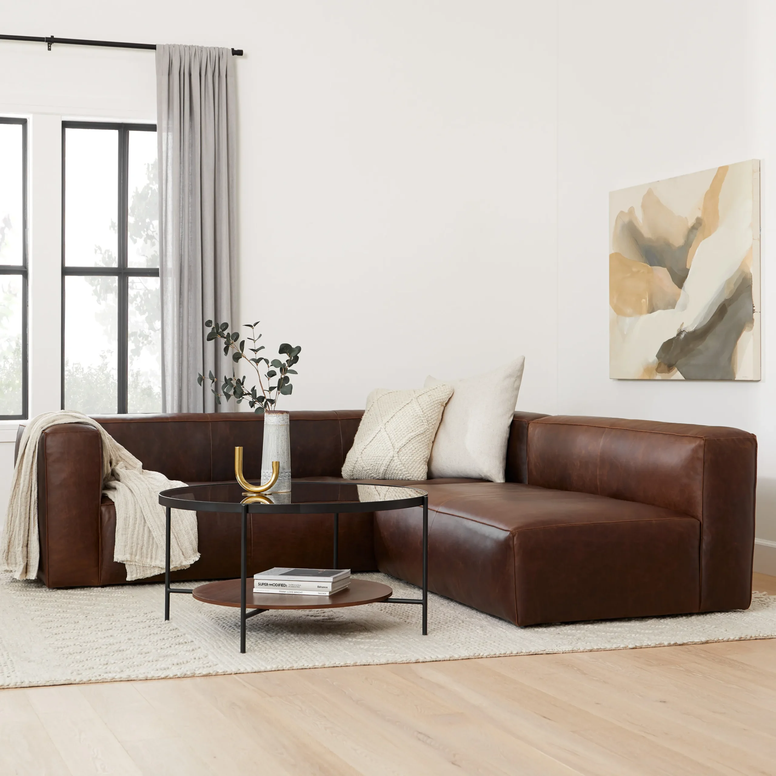 Cigar 94.5_ Leather Reversible Sectional - Indiana Brown