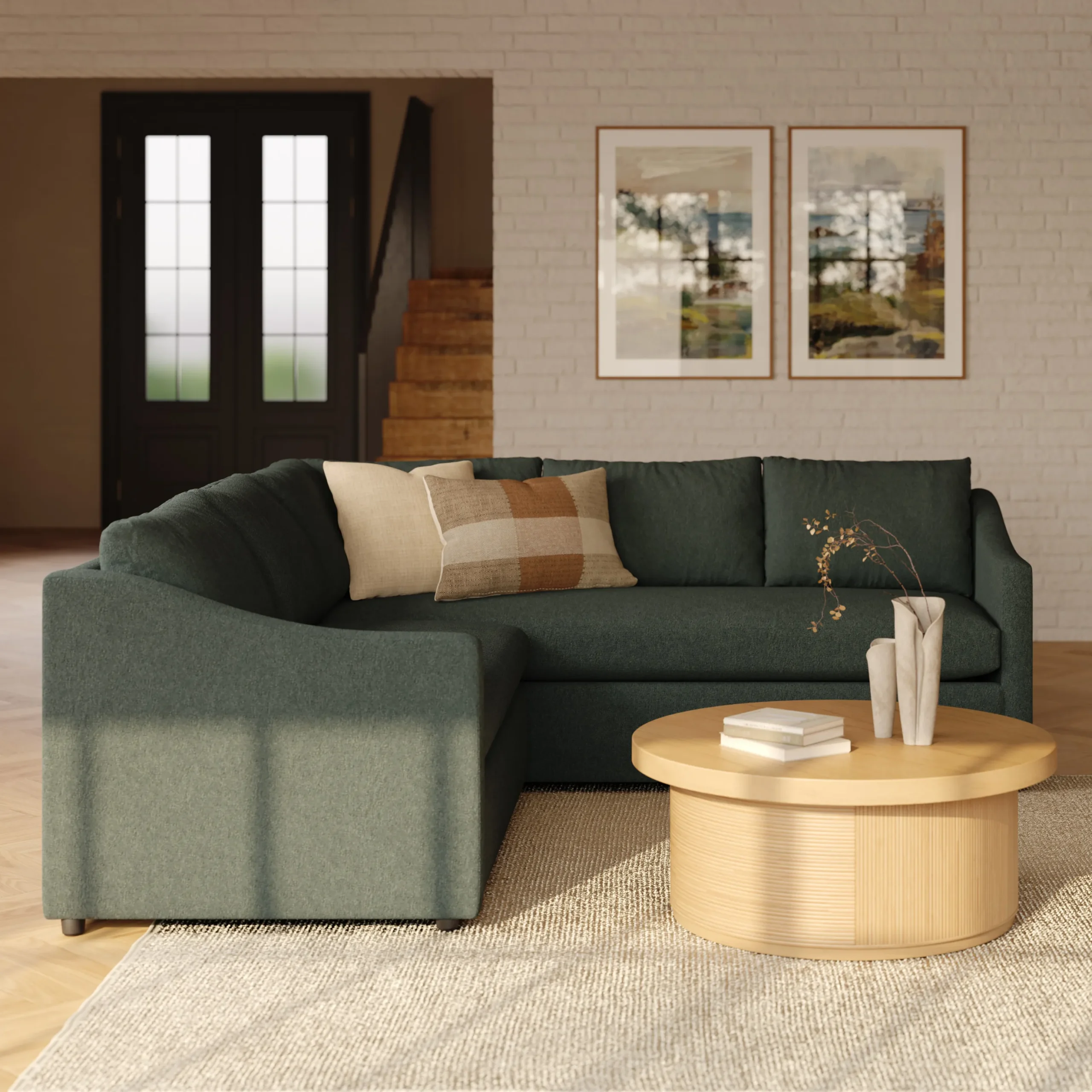Landry 91_ Corner Sectional - Green Wool Bouclé