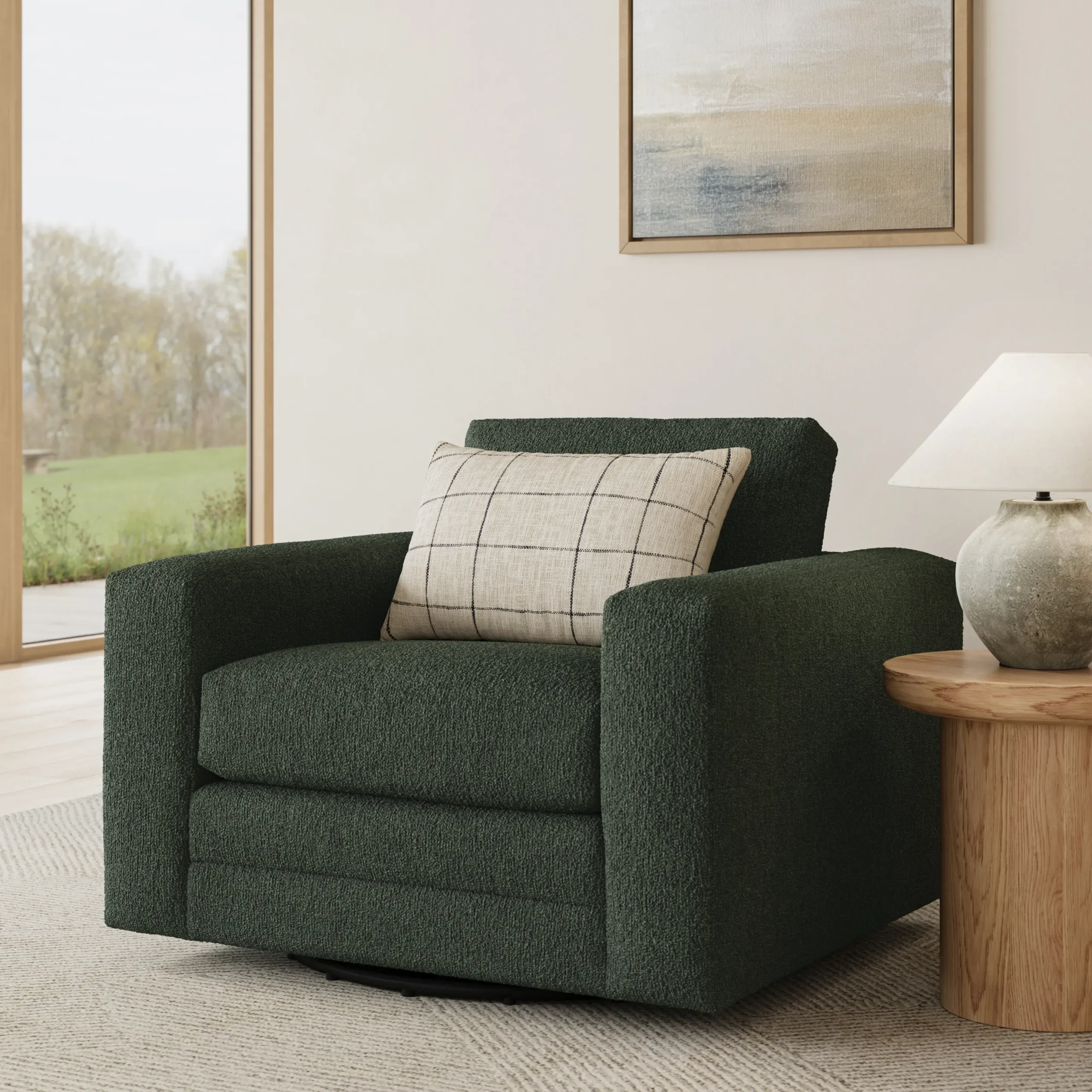 Riley 42_ Grand Swivel Chair - Green Wool Bouclé