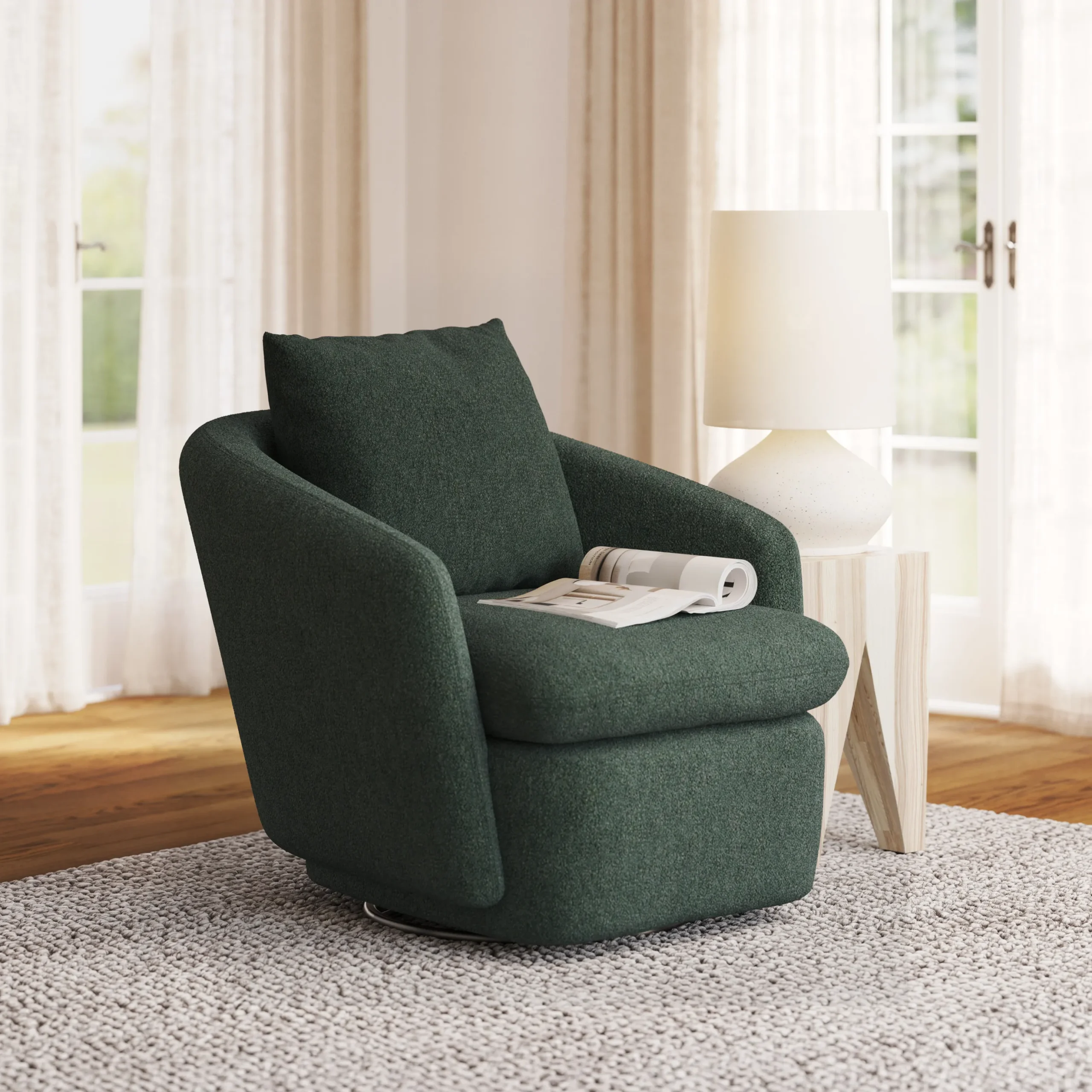 Leigh 33_ Swivel Lounge Chair - Green Wool Bouclé