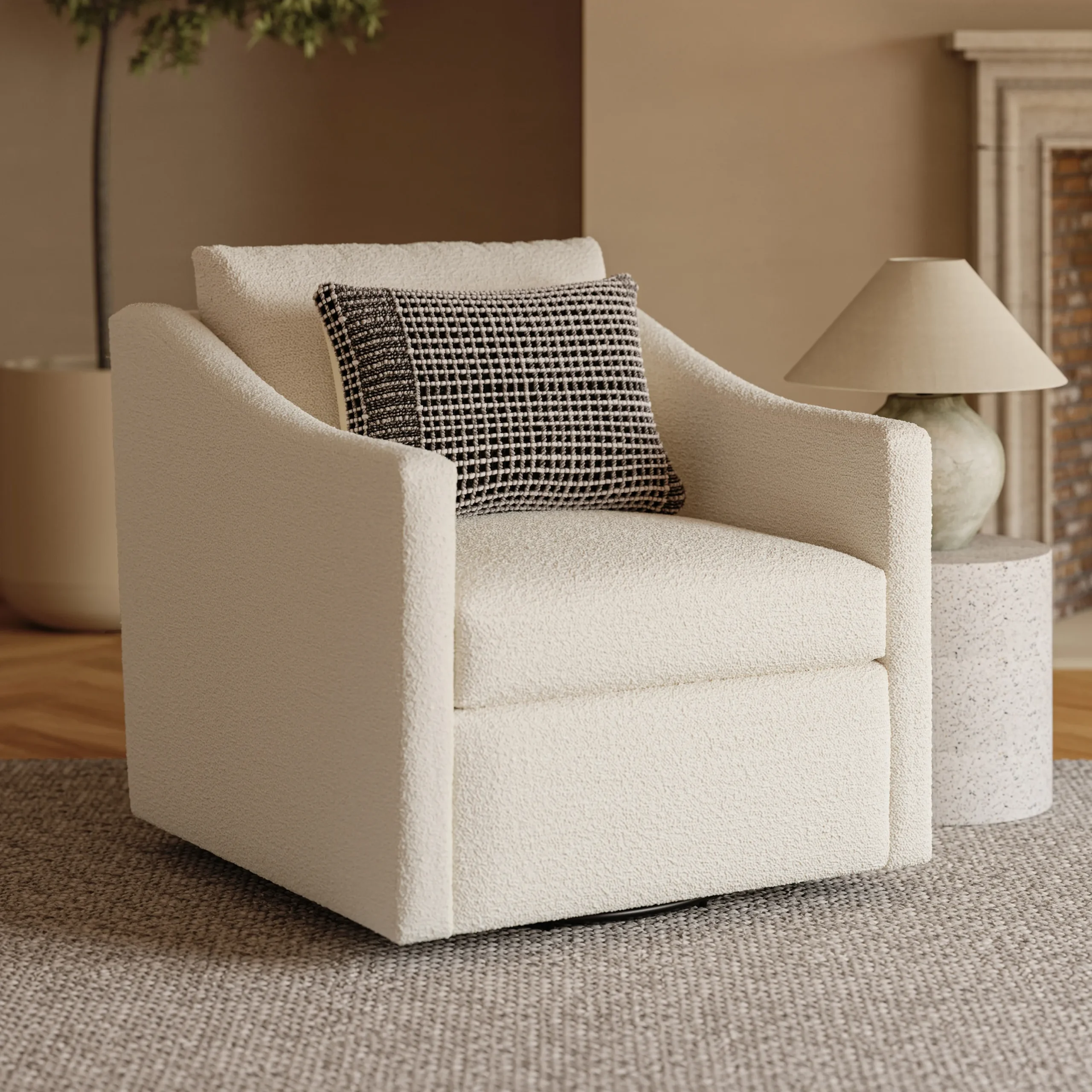 Landry 32.25_ Swivel Lounge Chair - Ivory Wool Bouclé