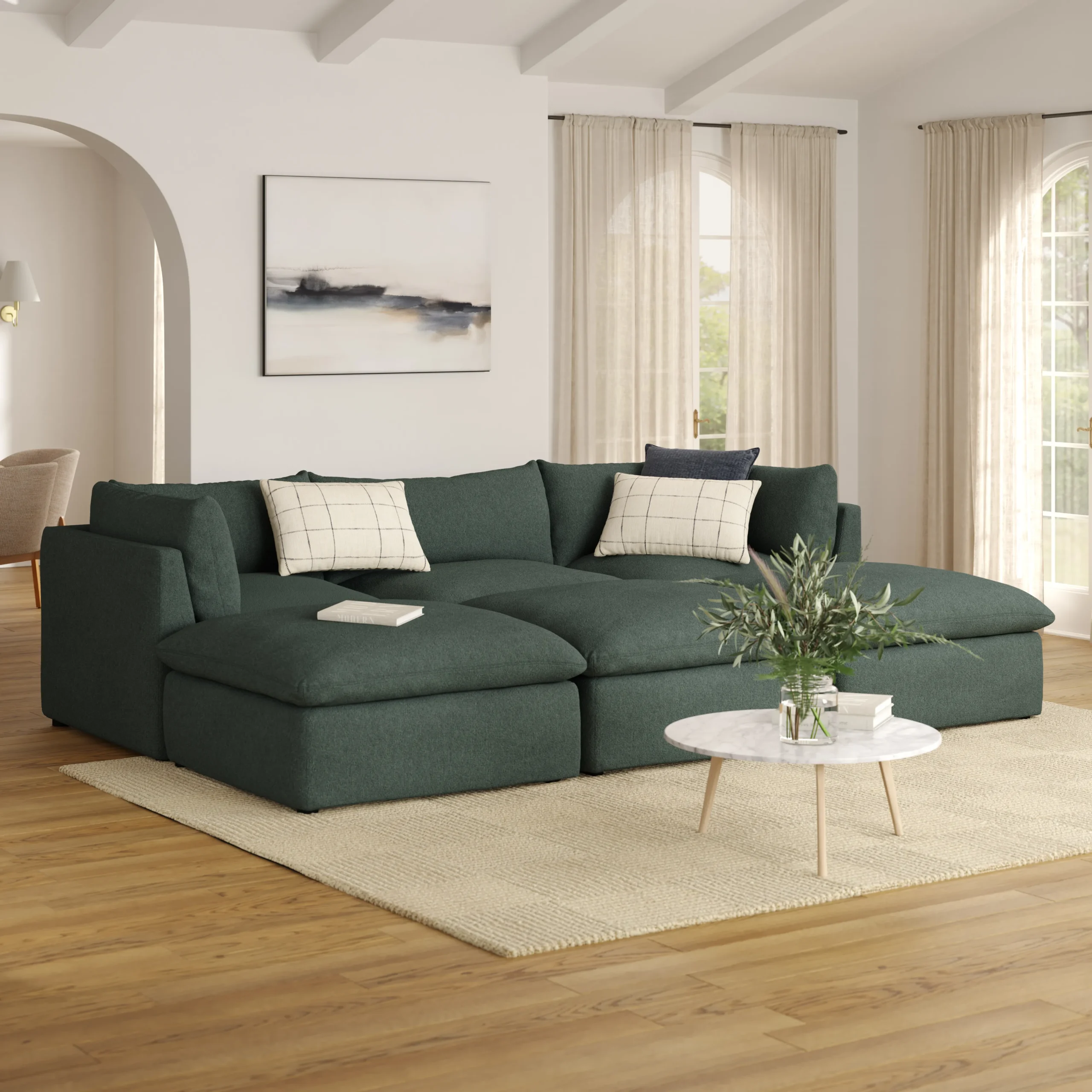Leigh 121.5_ Modular Open Pit Sectional - Green Wool Bouclé