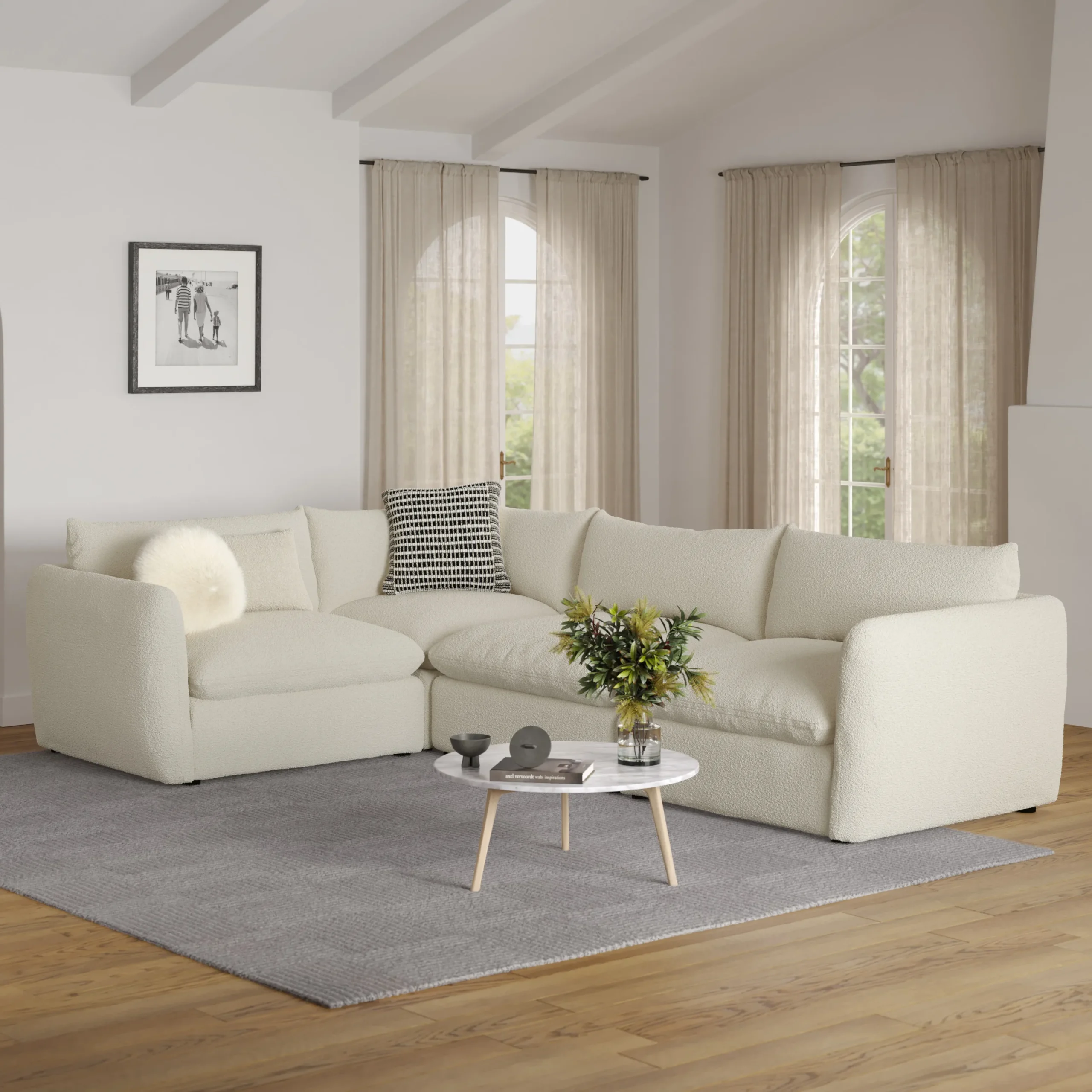 Leigh 126_ Modular L Sectional - Ivory Wool Bouclé