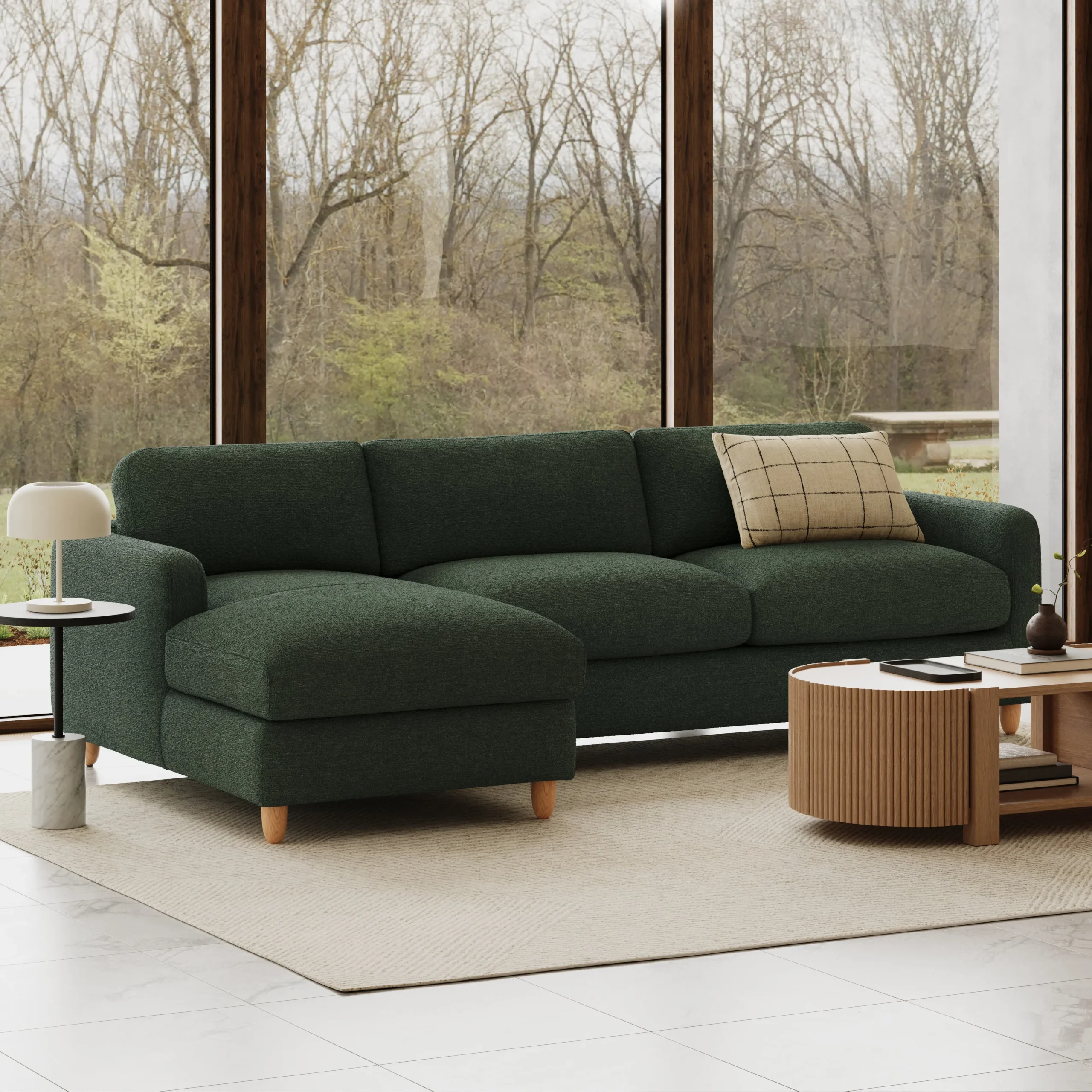 Vati 114_ Left Storage Sleeper Sectional - Natural Oak and Green Wool Bouclé