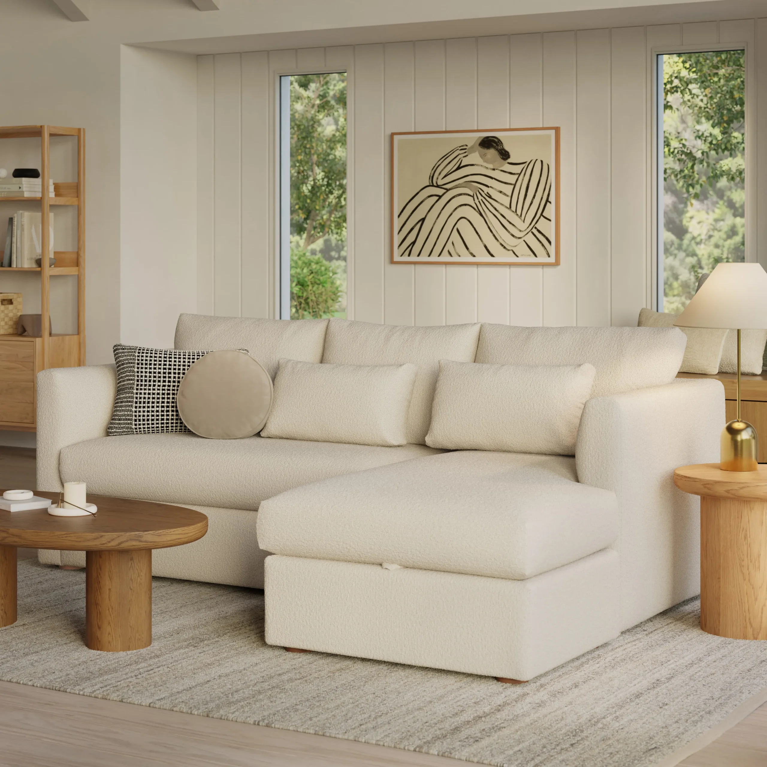 Marina 90_ Reversible Storage Sectional - Ivory Wool Bouclé