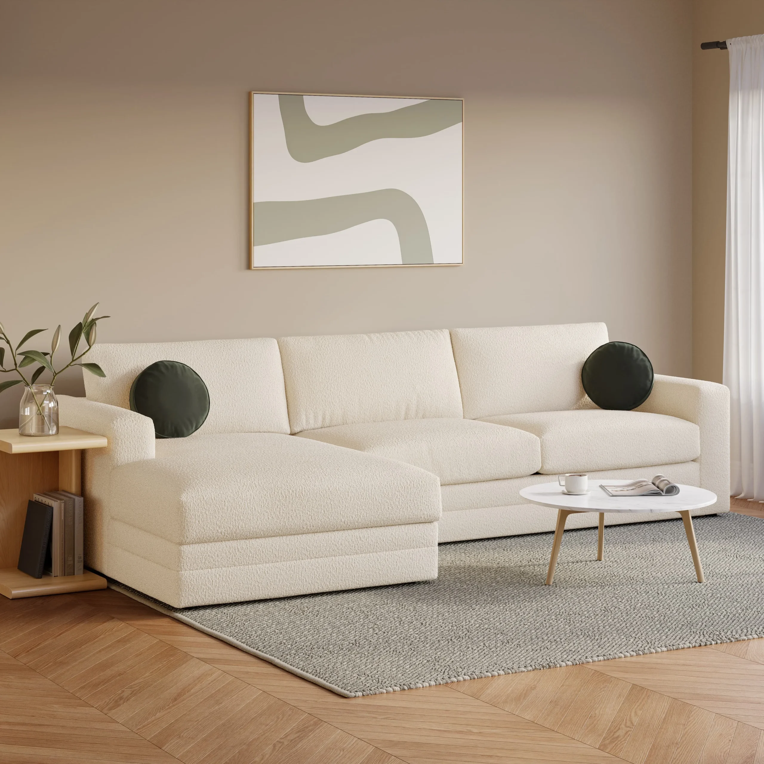 Riley 118_ Left Storage Sleeper Sectional - Ivory Wool Bouclé