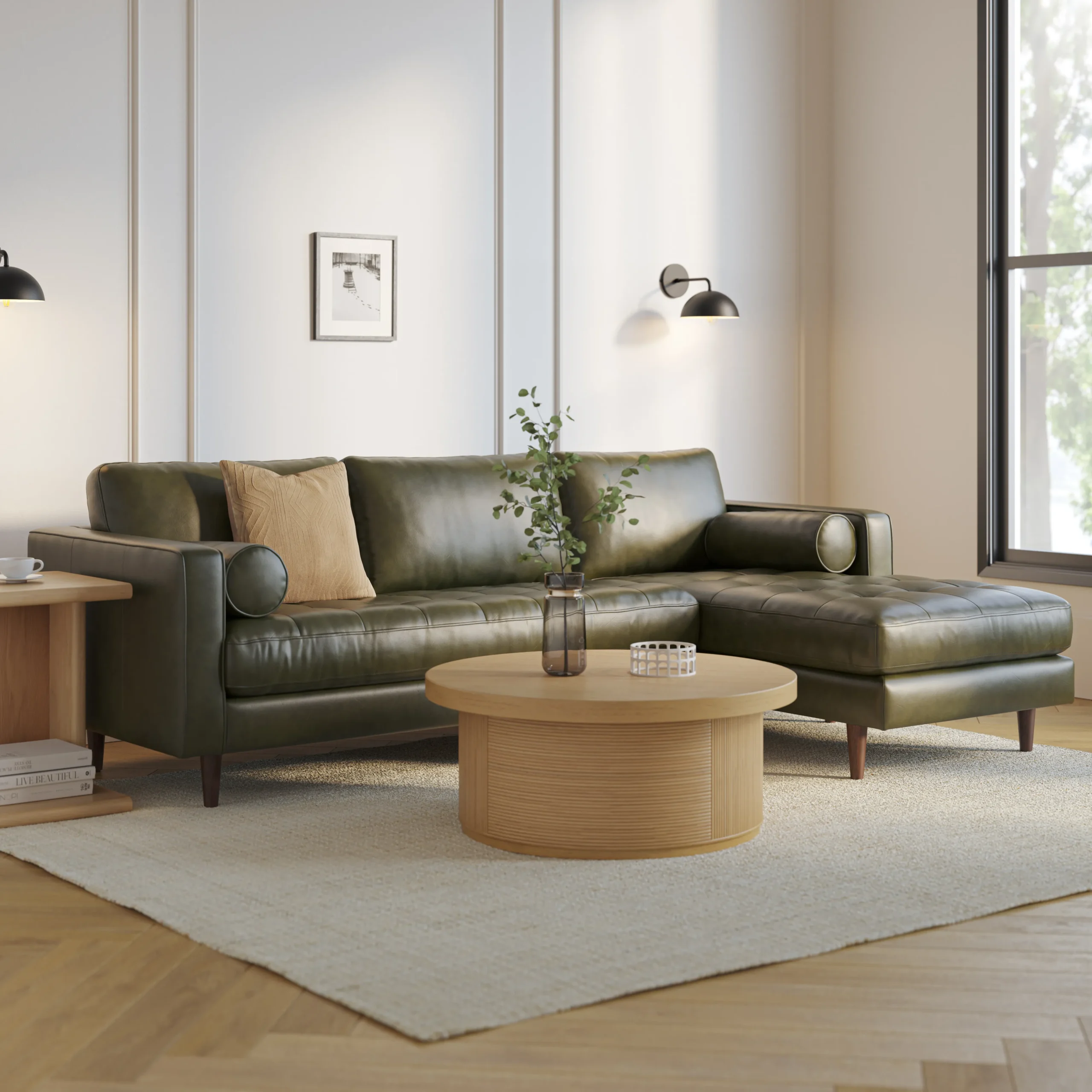 Sven 100_ Tufted Leather Right Sectional - Charme Green
