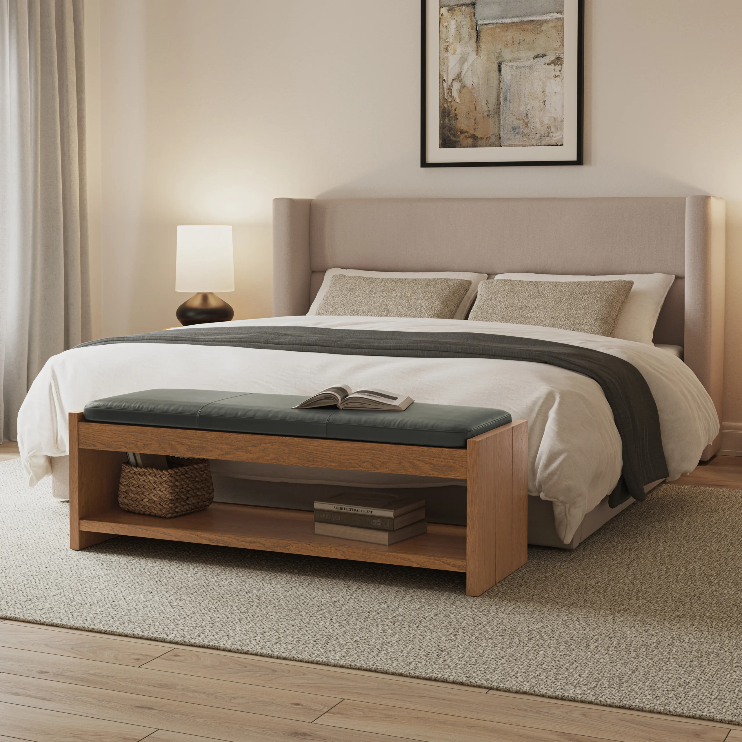 Cassie 56_ Leather Bench - Smoked Oak and Charme Green