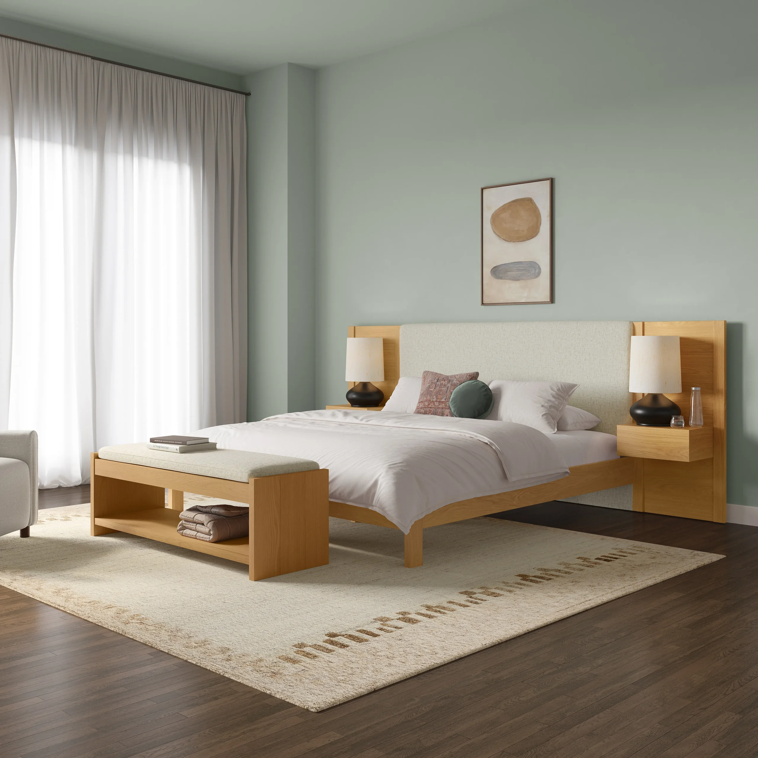 Cassie 56_ Bench - Natural Oak and Ivory Chenille - Image 3