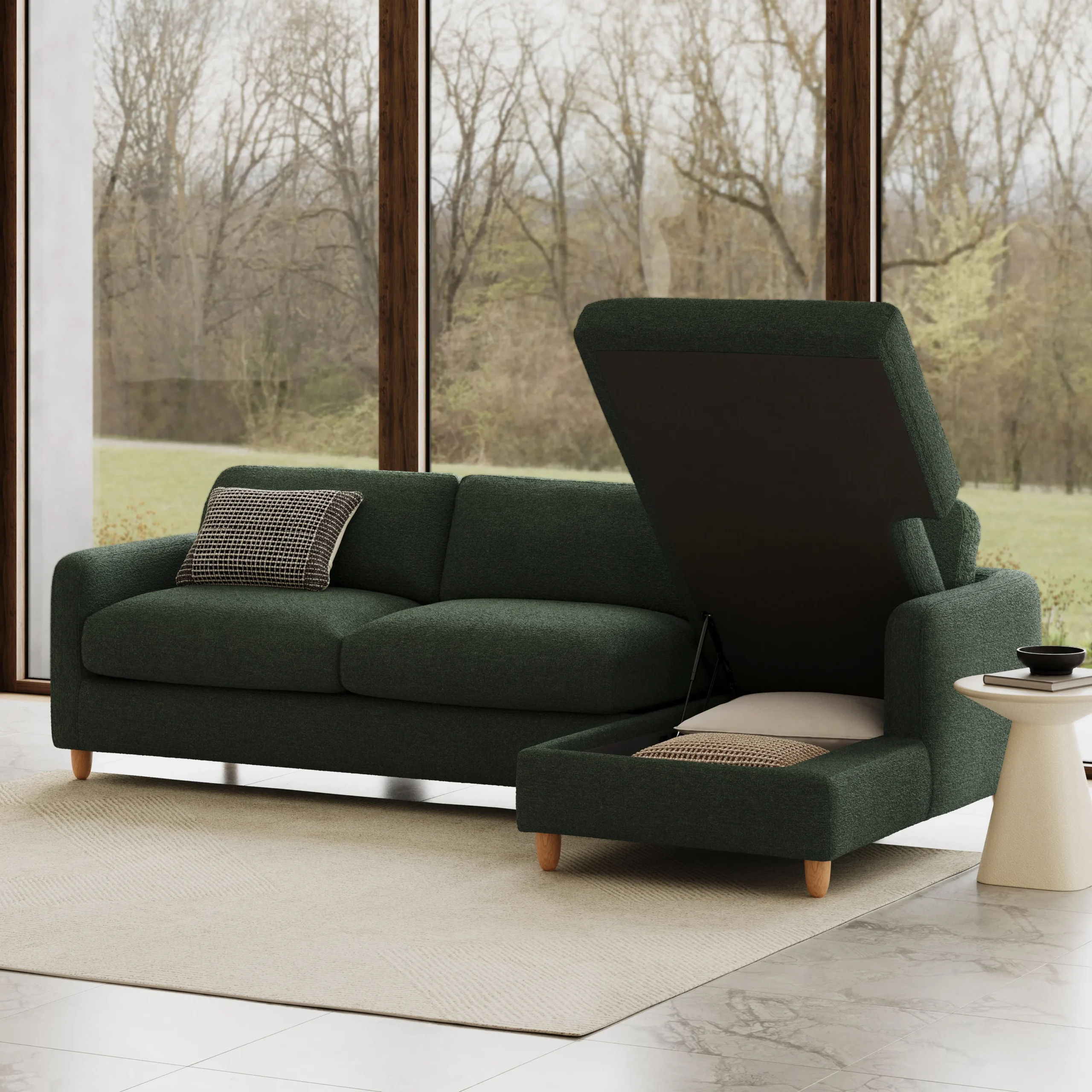 Vati 114_ Right Storage Sleeper Sectional - Natural Oak and Green Wool Bouclé