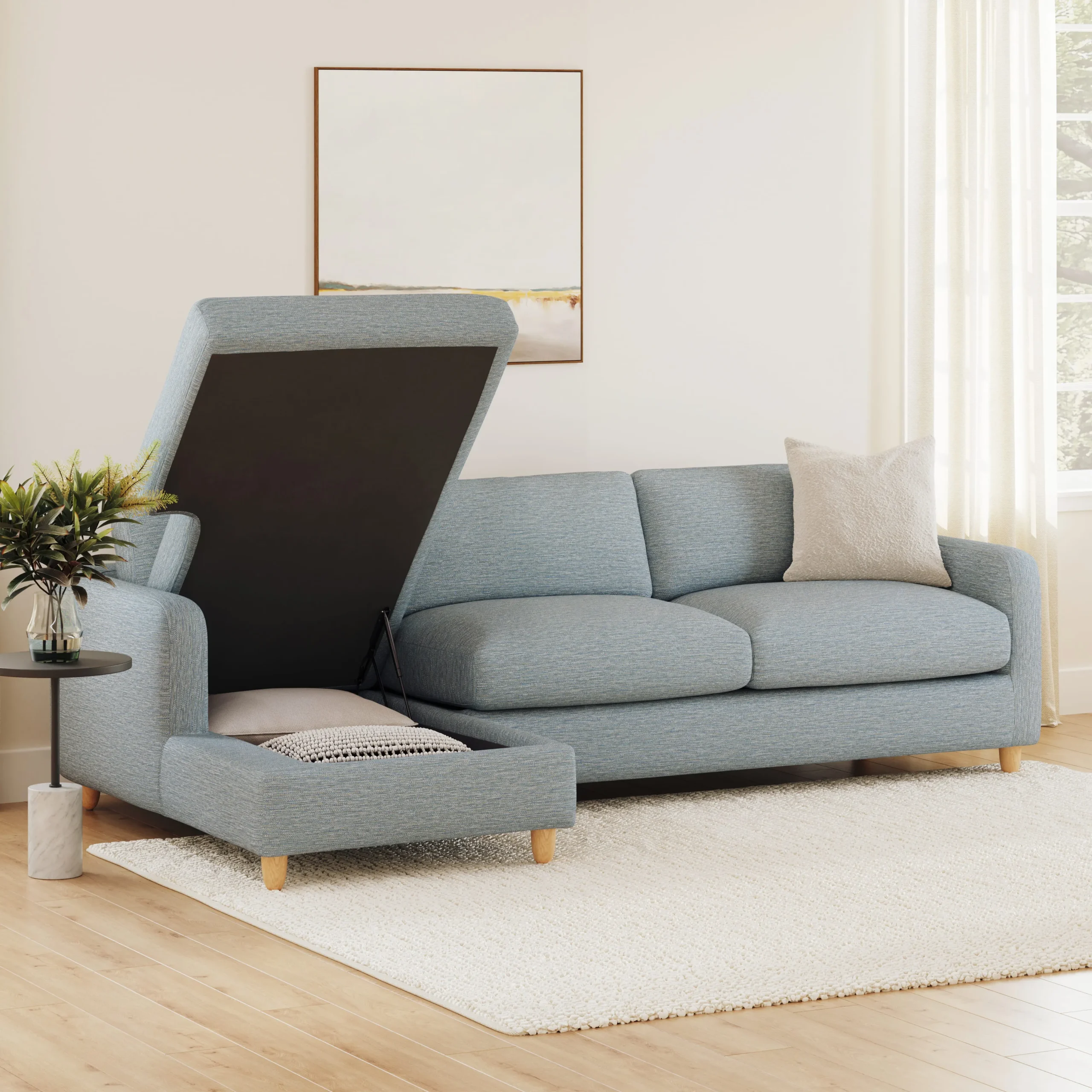 Vati 114_ Left Storage Sleeper Sectional - Natural Oak and Silver Light Blue
