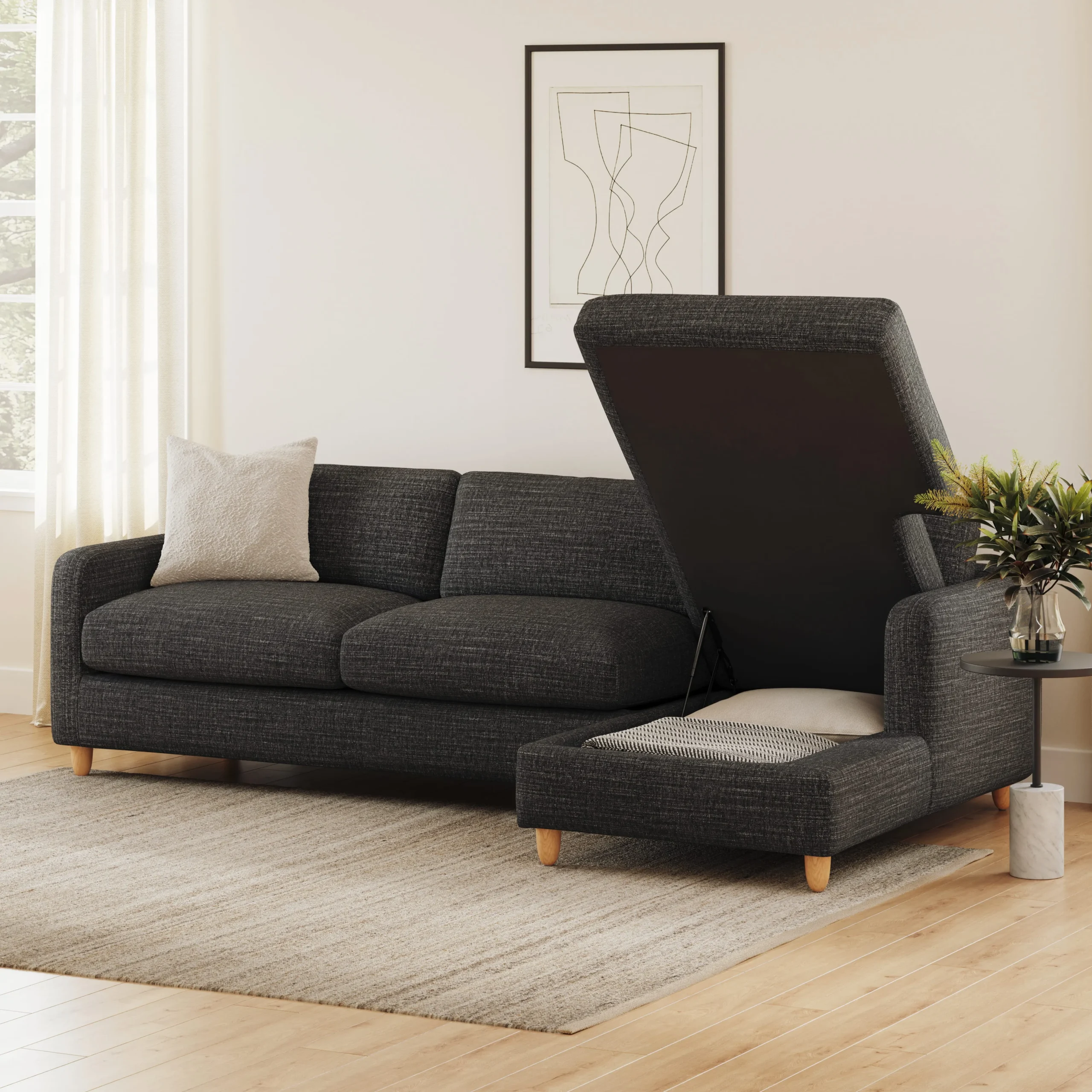Vati 114_ Right Storage Sleeper Sectional - Natural Oak and Napa Charcoal