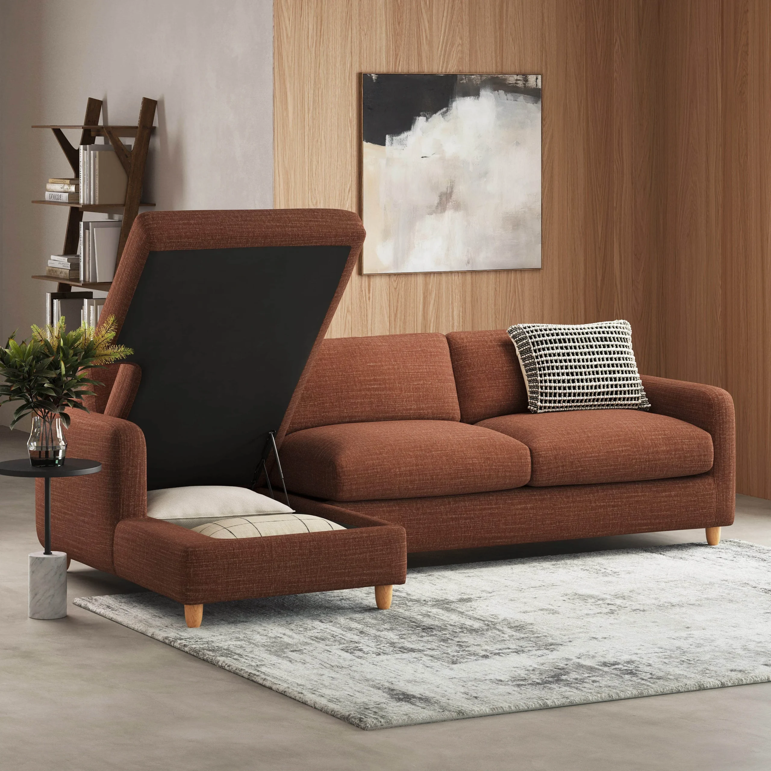 Vati 114_ Left Storage Sleeper Sectional - Natural Oak and Napa Rust