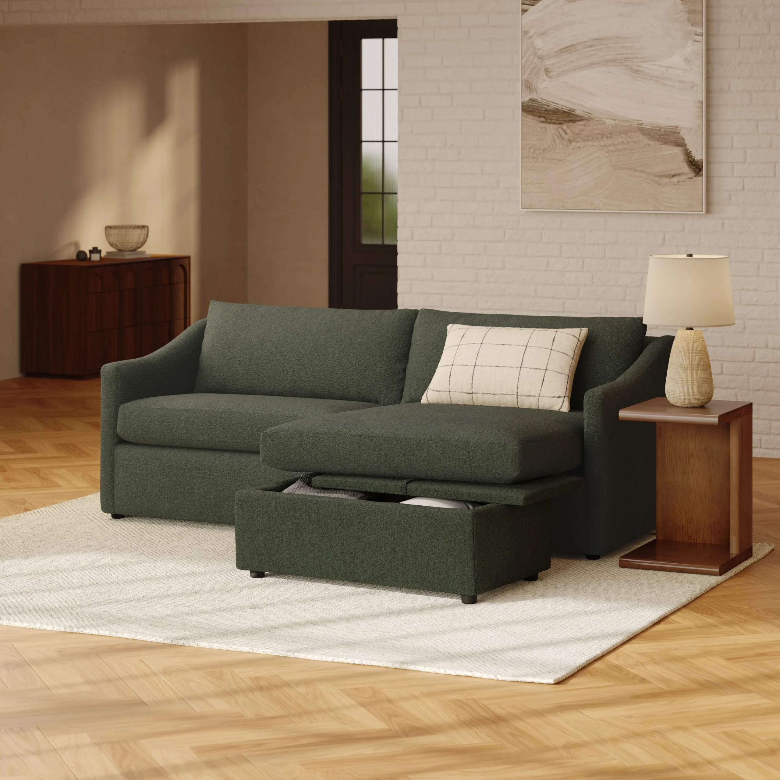 Landry 84.5_ Reversible Storage Sectional - Green Wool Bouclé - Image 2