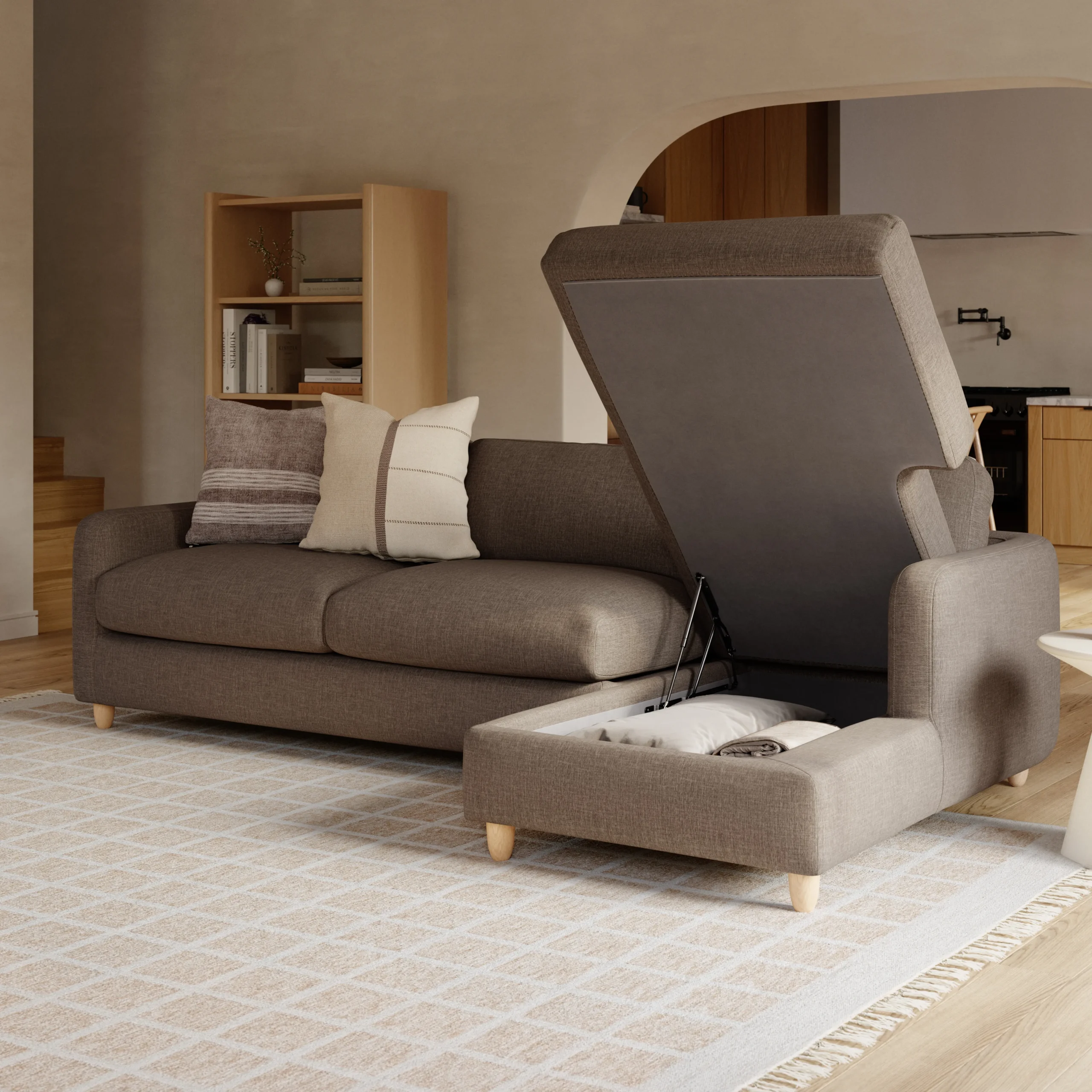 Vati 114_ Right Storage Sleeper Sectional - Natural Oak and Buckler Brown