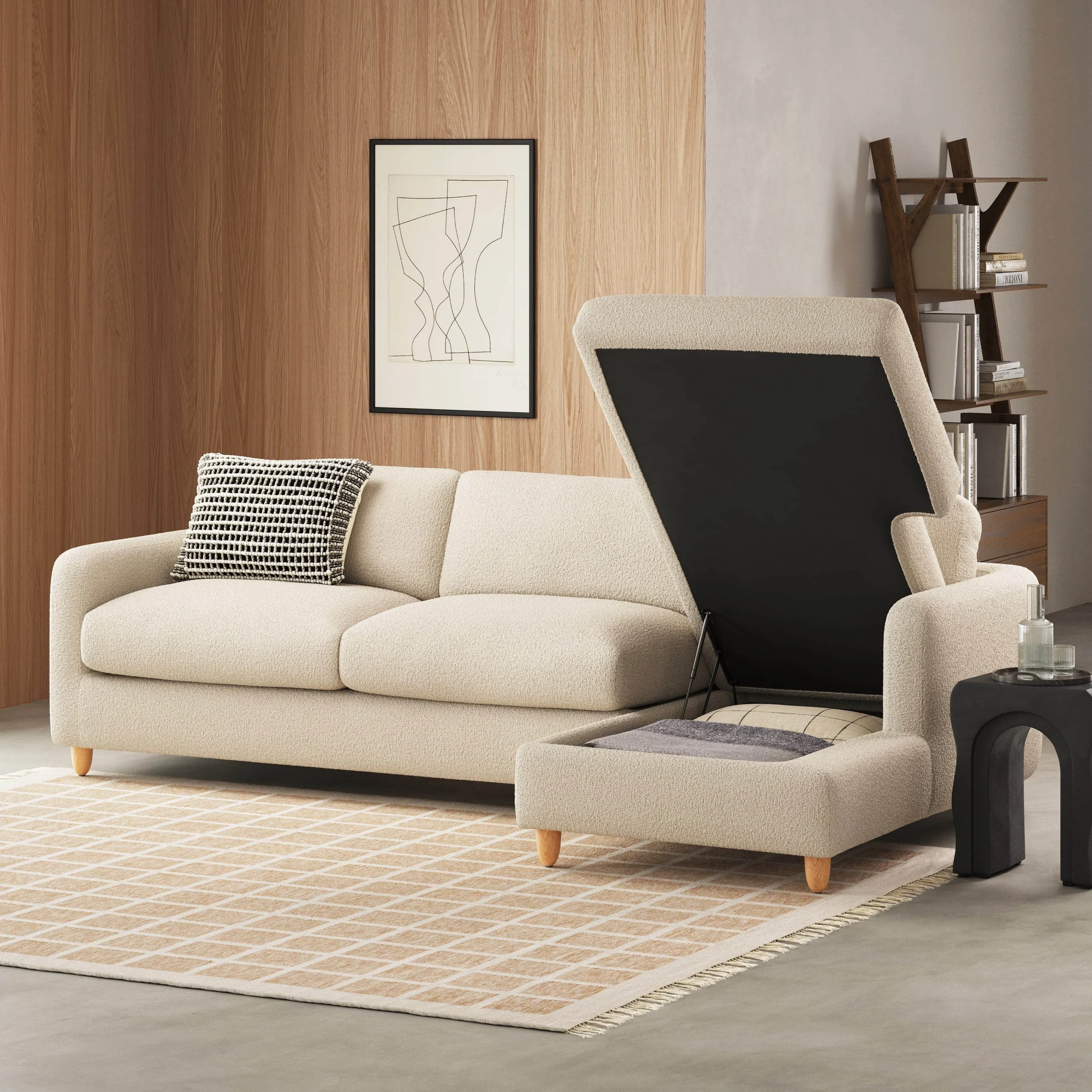 Vati 114_ Right Storage Sleeper Sectional - Natural Oak and Ivory Wool Bouclé
