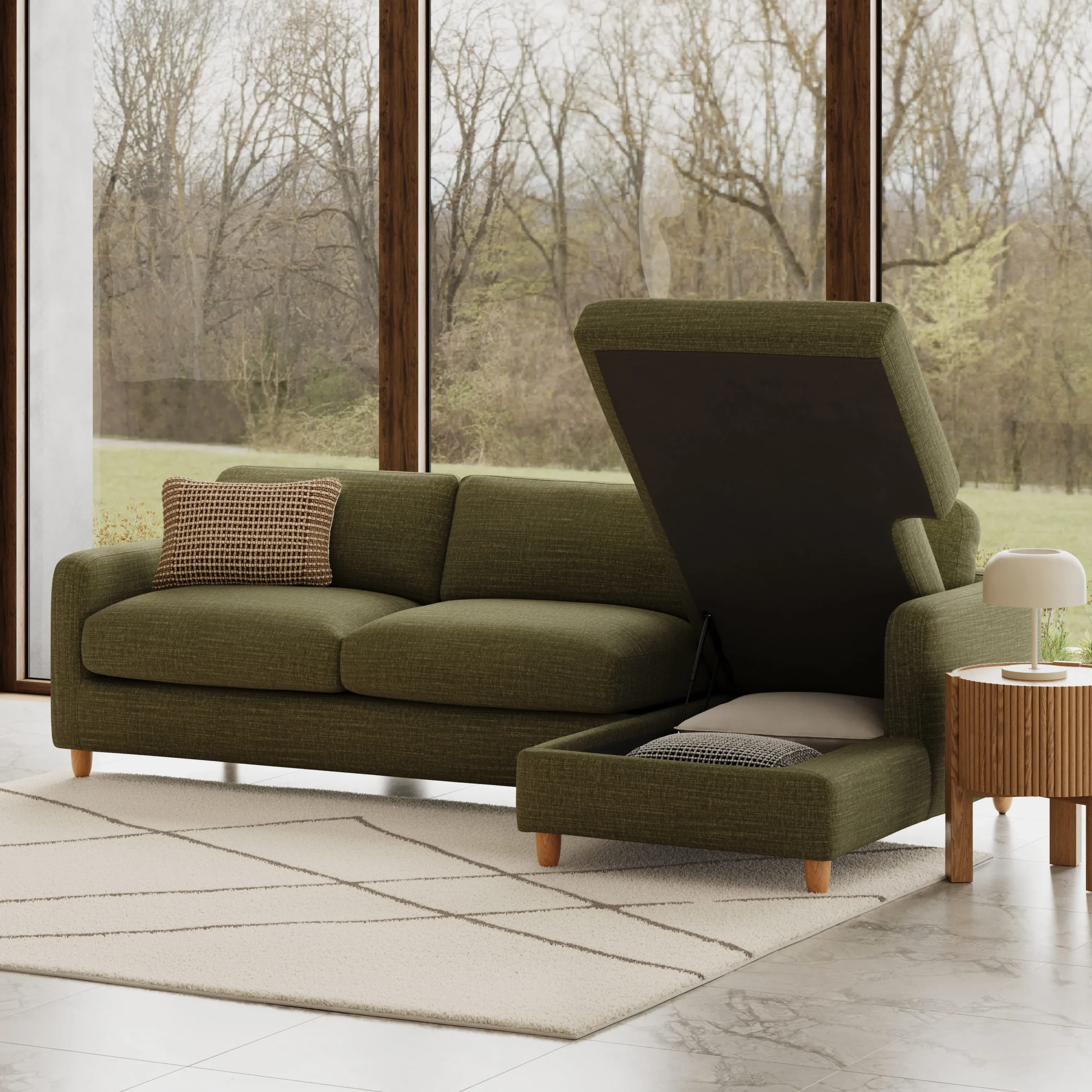 Vati 114_ Right Storage Sleeper Sectional - Natural Oak and Napa Moss