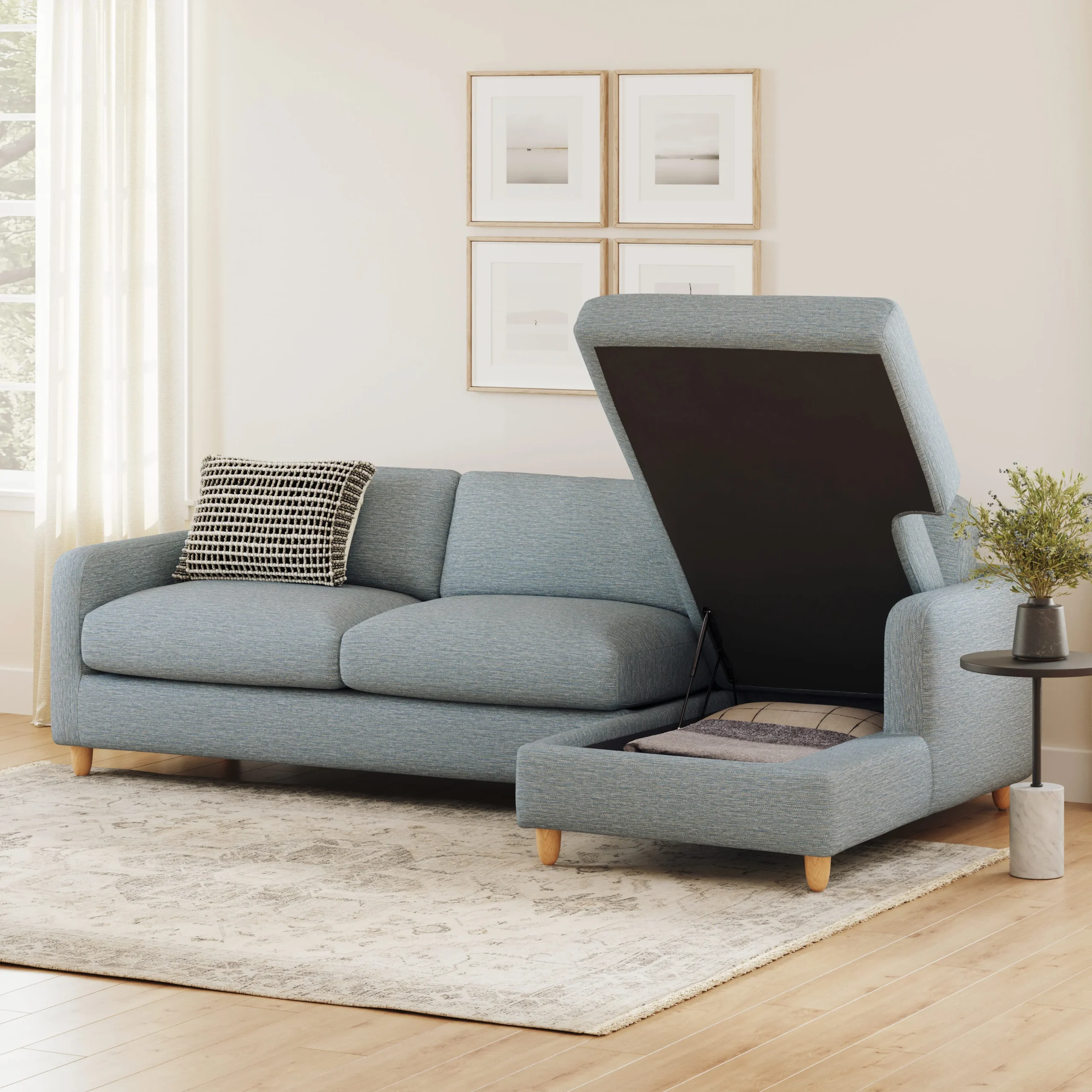 Vati 114_ Right Storage Sleeper Sectional - Natural Oak and Silver Light Blue