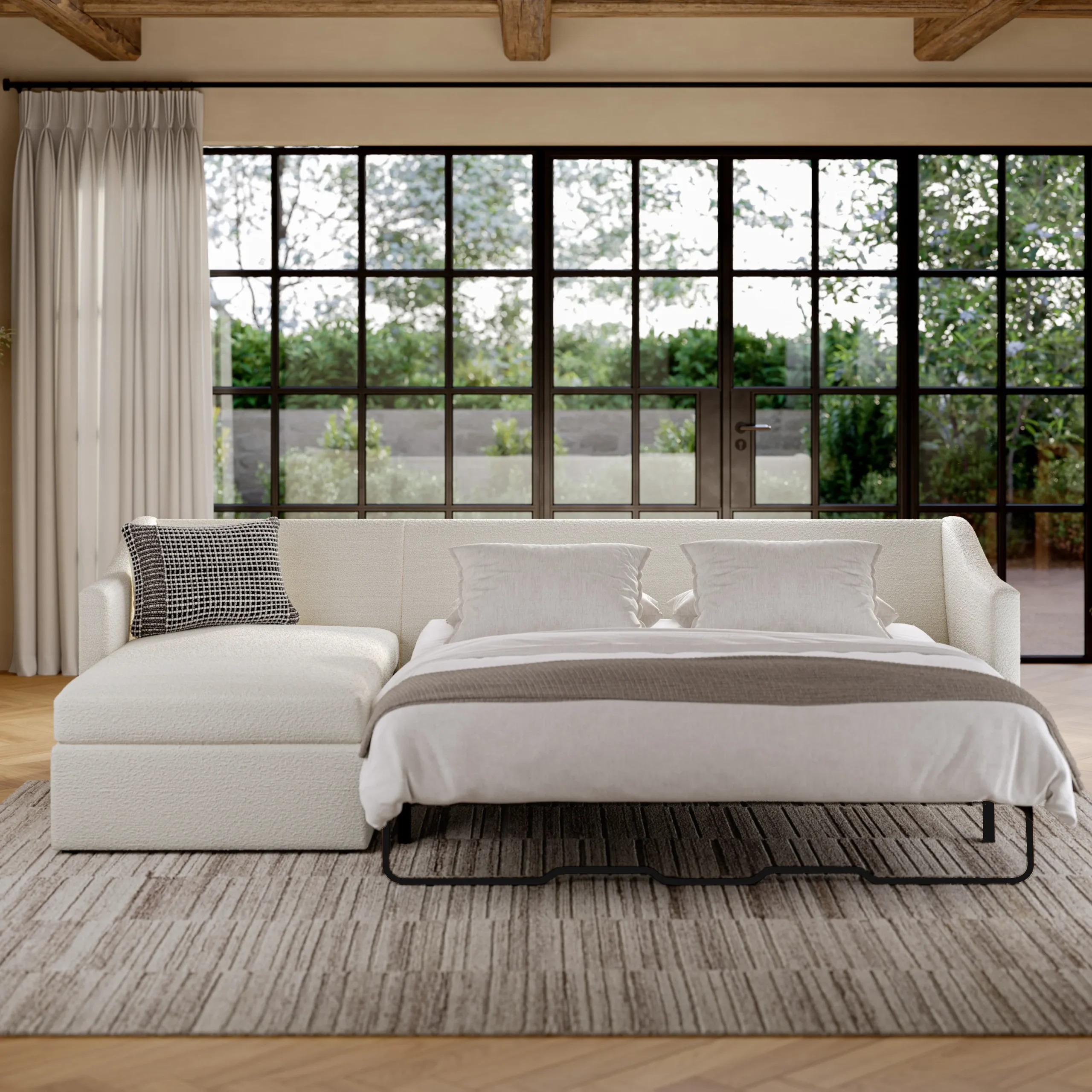 Landry 109_ Left Storage Sleeper Sectional - Ivory Wool Bouclé