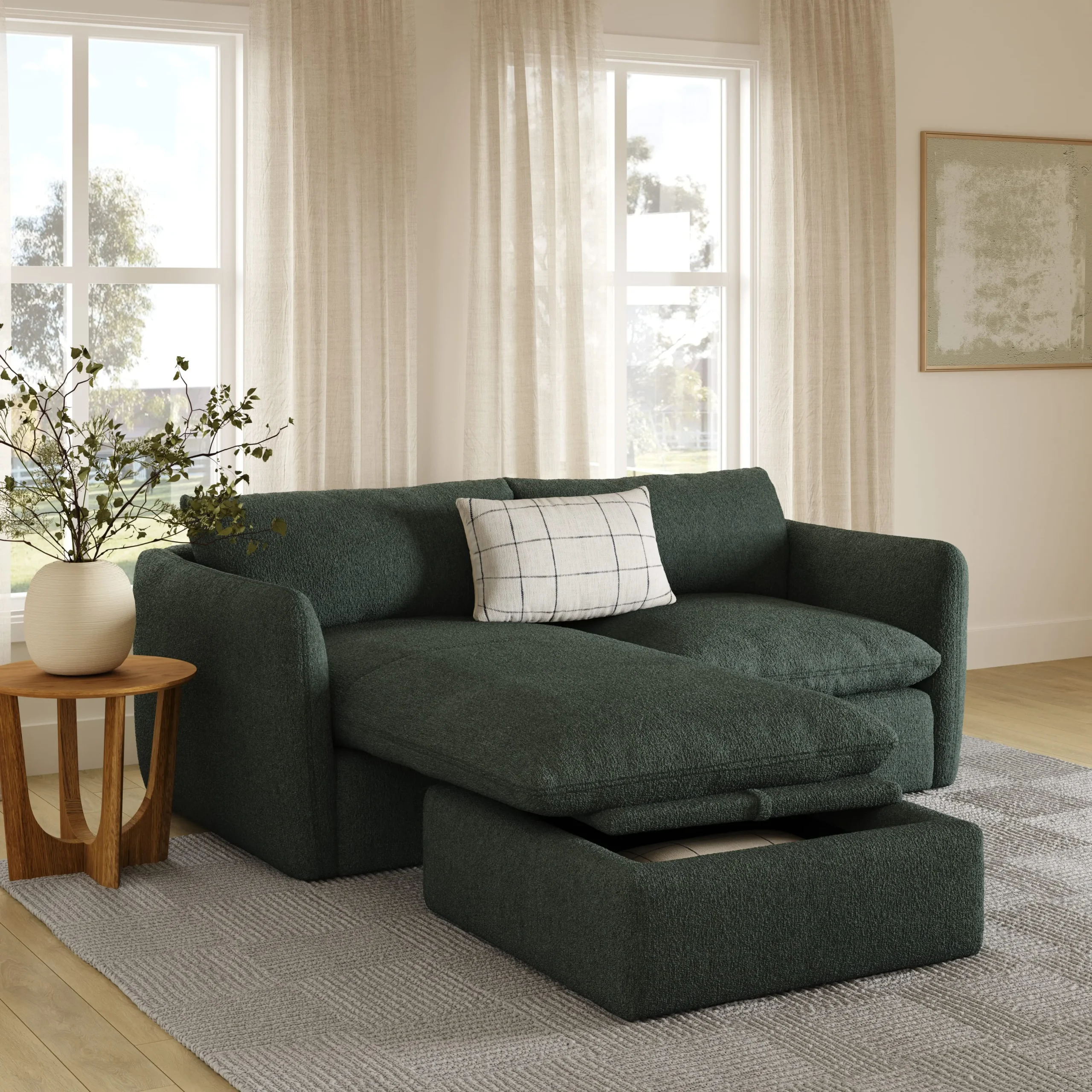 Leigh 86_ Reversible Storage Sleeper Sectional - Green Wool Bouclé - Image 2