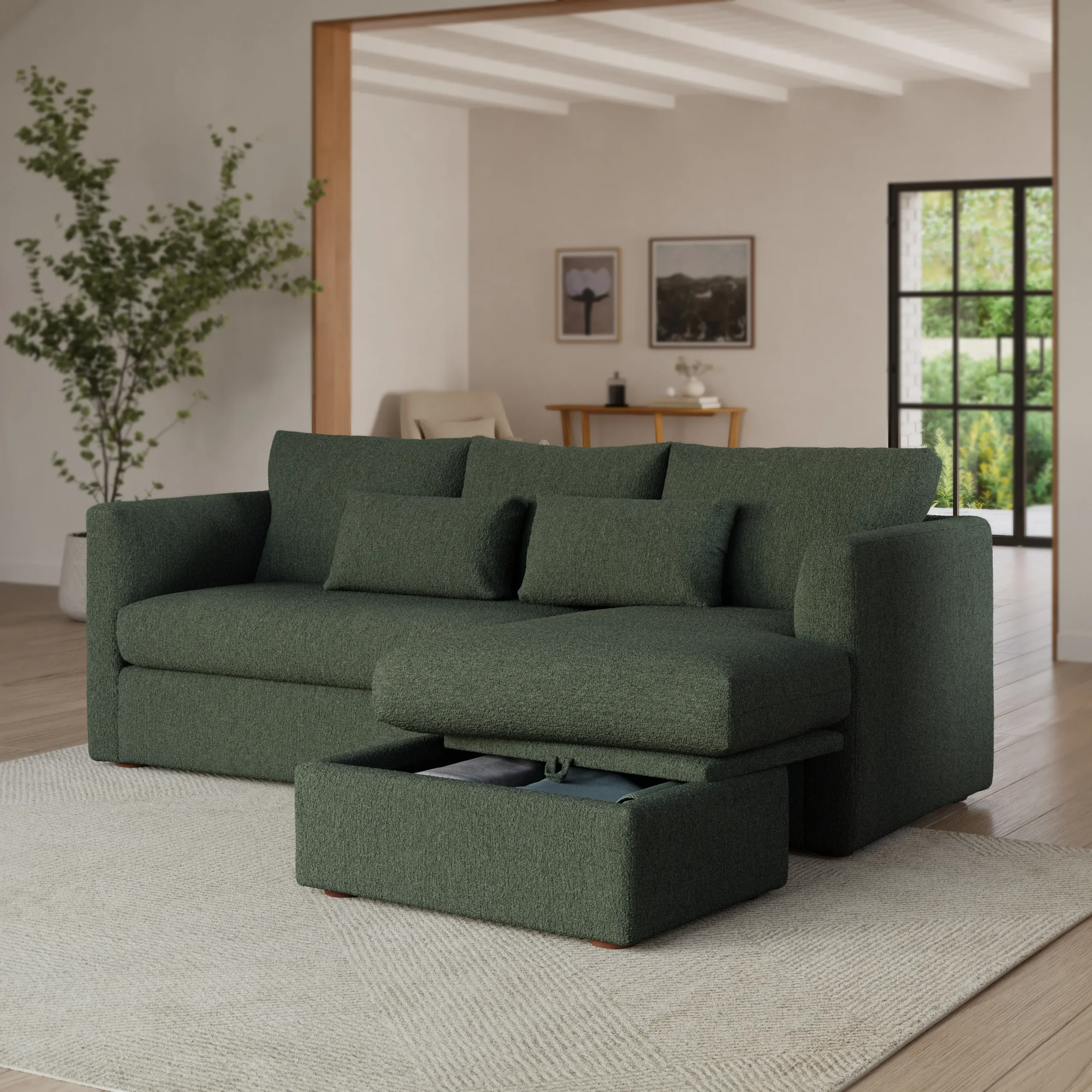 Marina 90_ Reversible Storage Sleeper Sectional - Green Wool Bouclé - Image 2