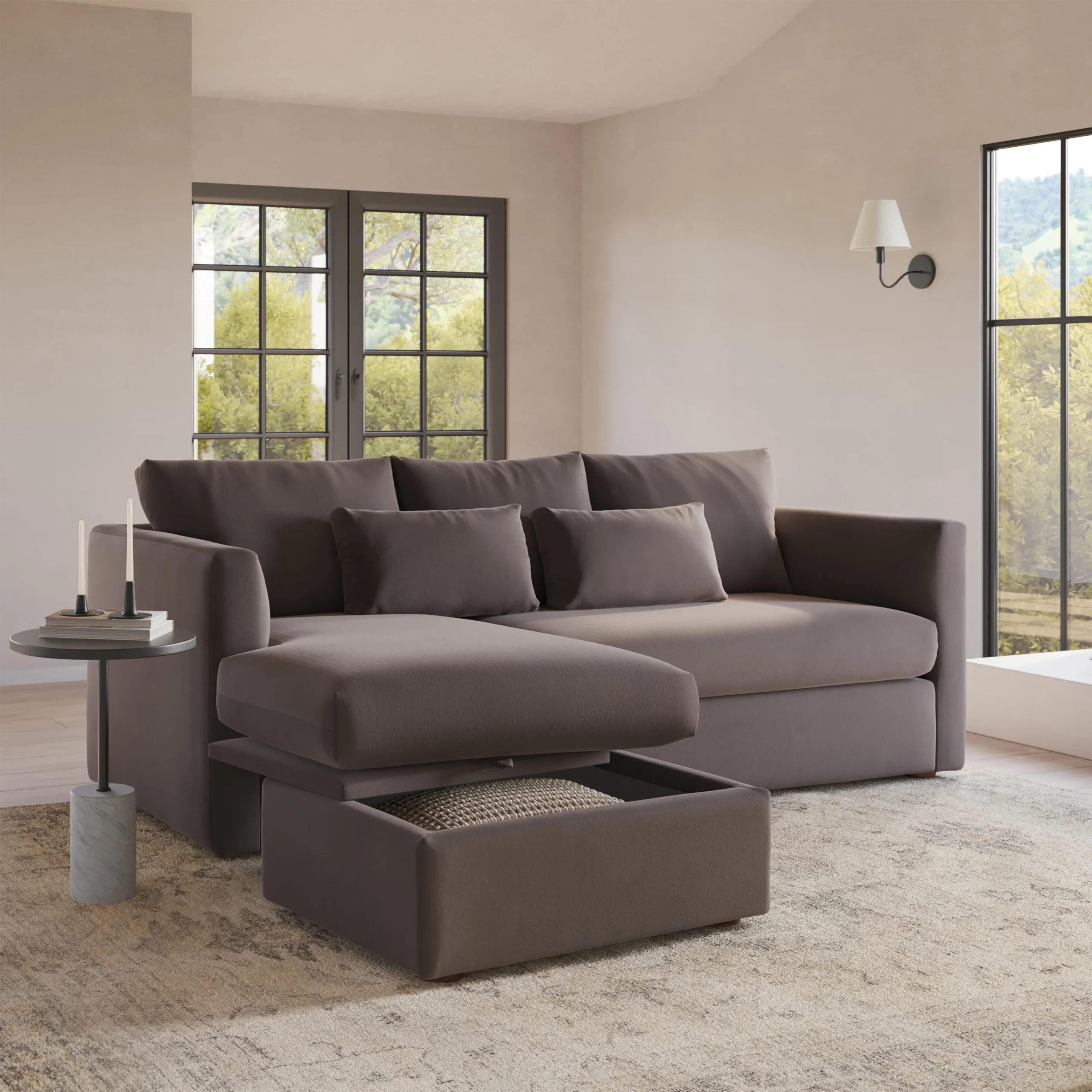 Marina 90_ Velvet Reversible Storage Sectional - Hale Warm Gray - Image 2