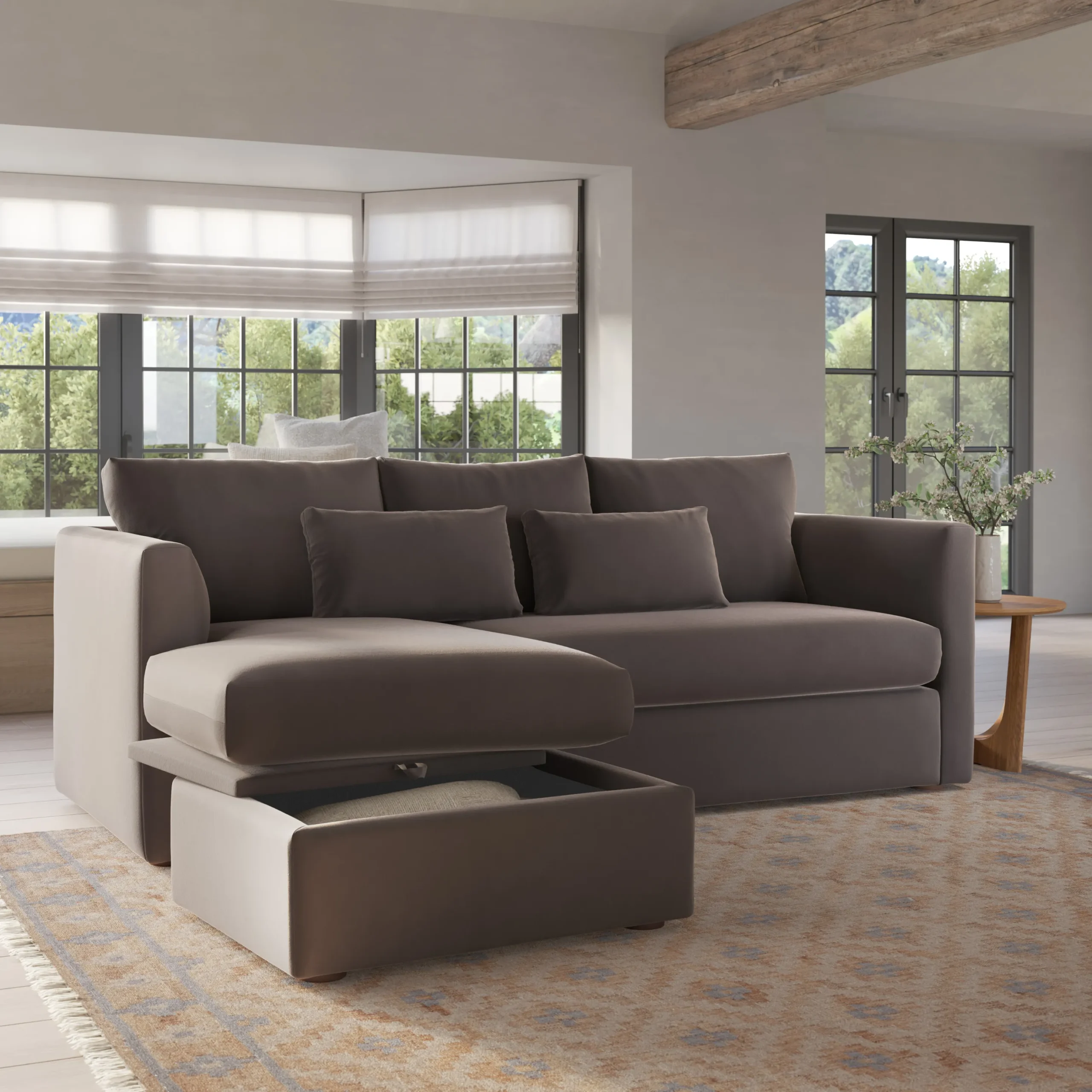 Marina 90_ Velvet Reversible Storage Sleeper Sectional - Hale Warm Gray - Image 2