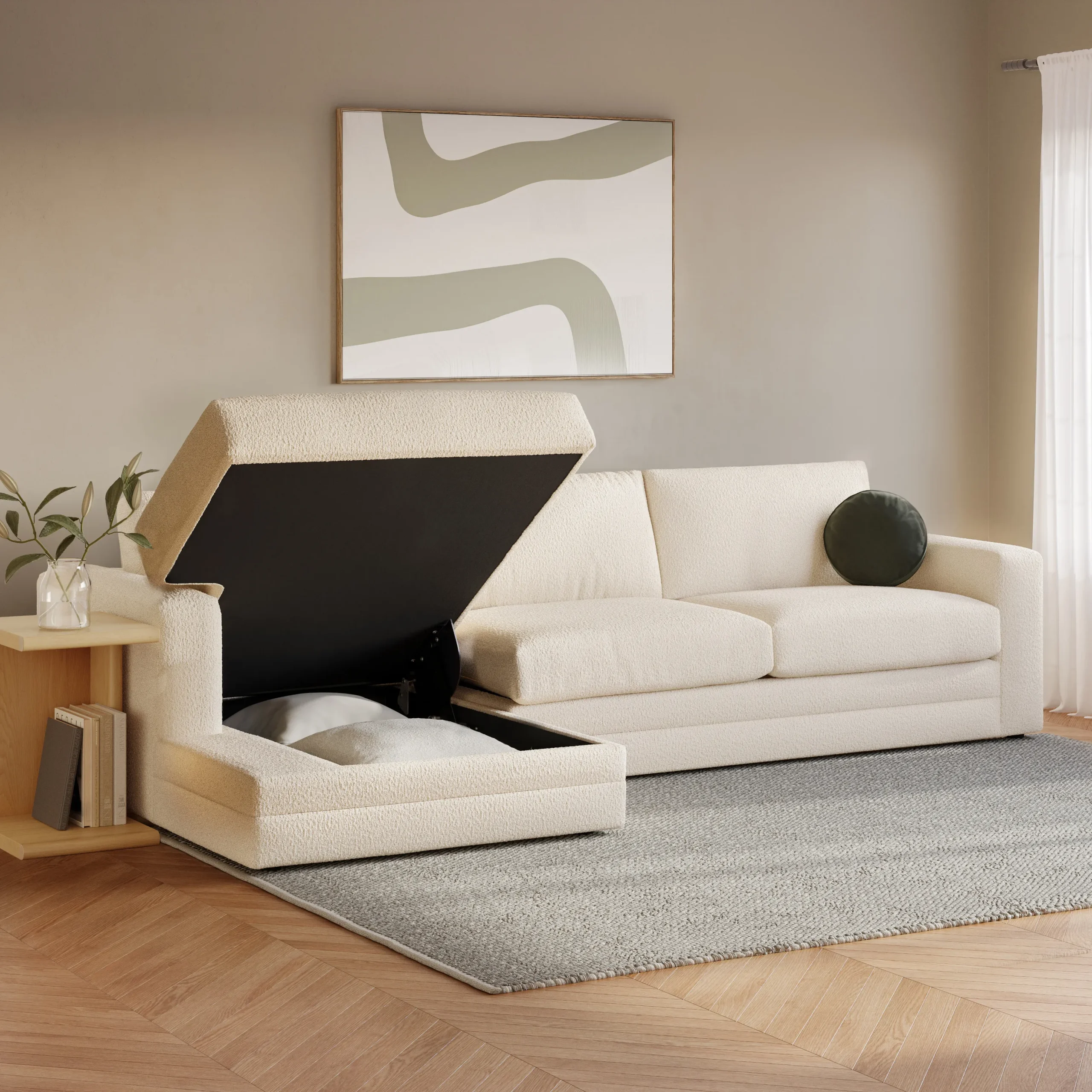 Riley 118_ Left Storage Sleeper Sectional - Ivory Wool Bouclé - Image 2