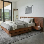 Nera Queen Low Profile Bed with Nightstands Set - Walnut