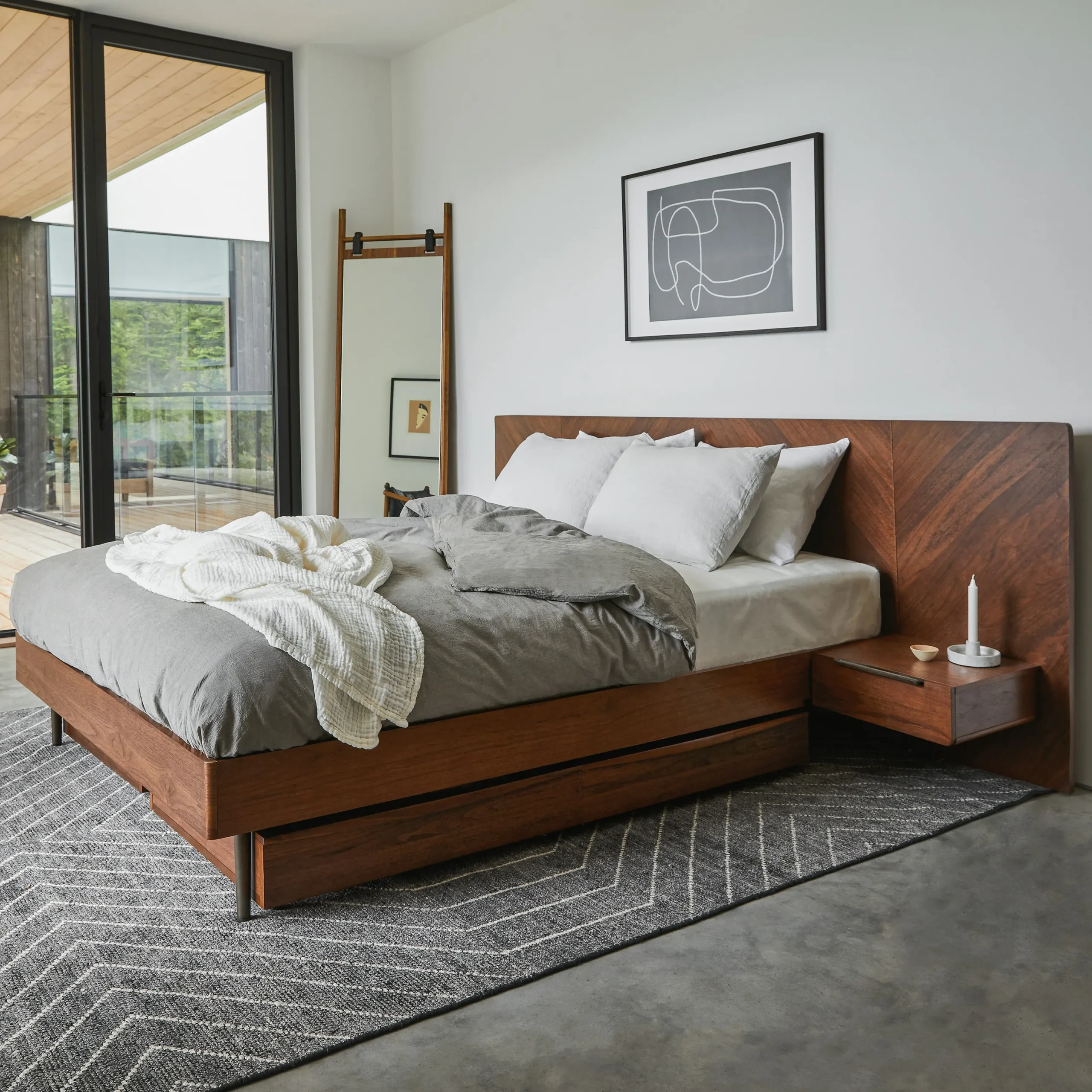 Nera Queen Low Profile Bed with Nightstands Set - Walnut - Image 3