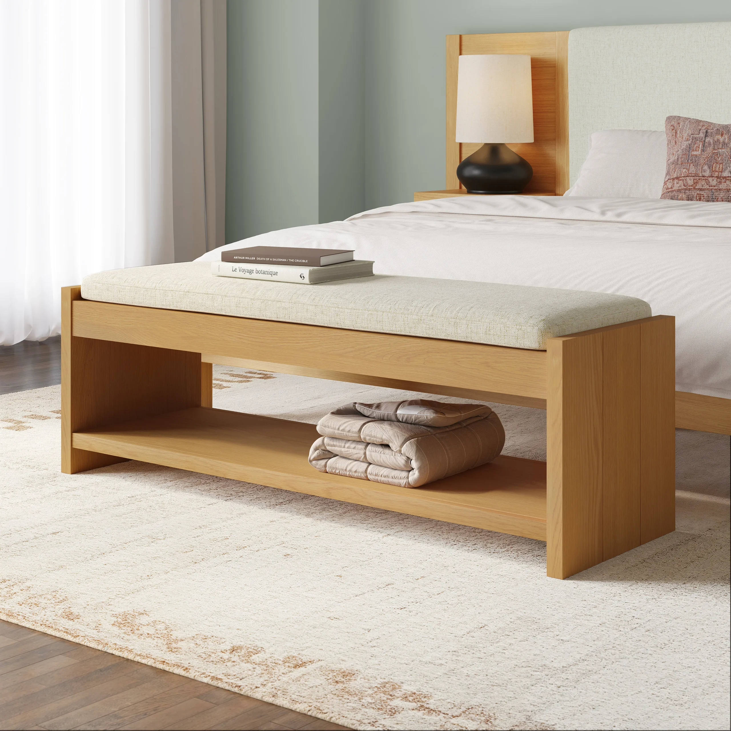 Cassie 56_ Bench - Natural Oak and Ivory Chenille