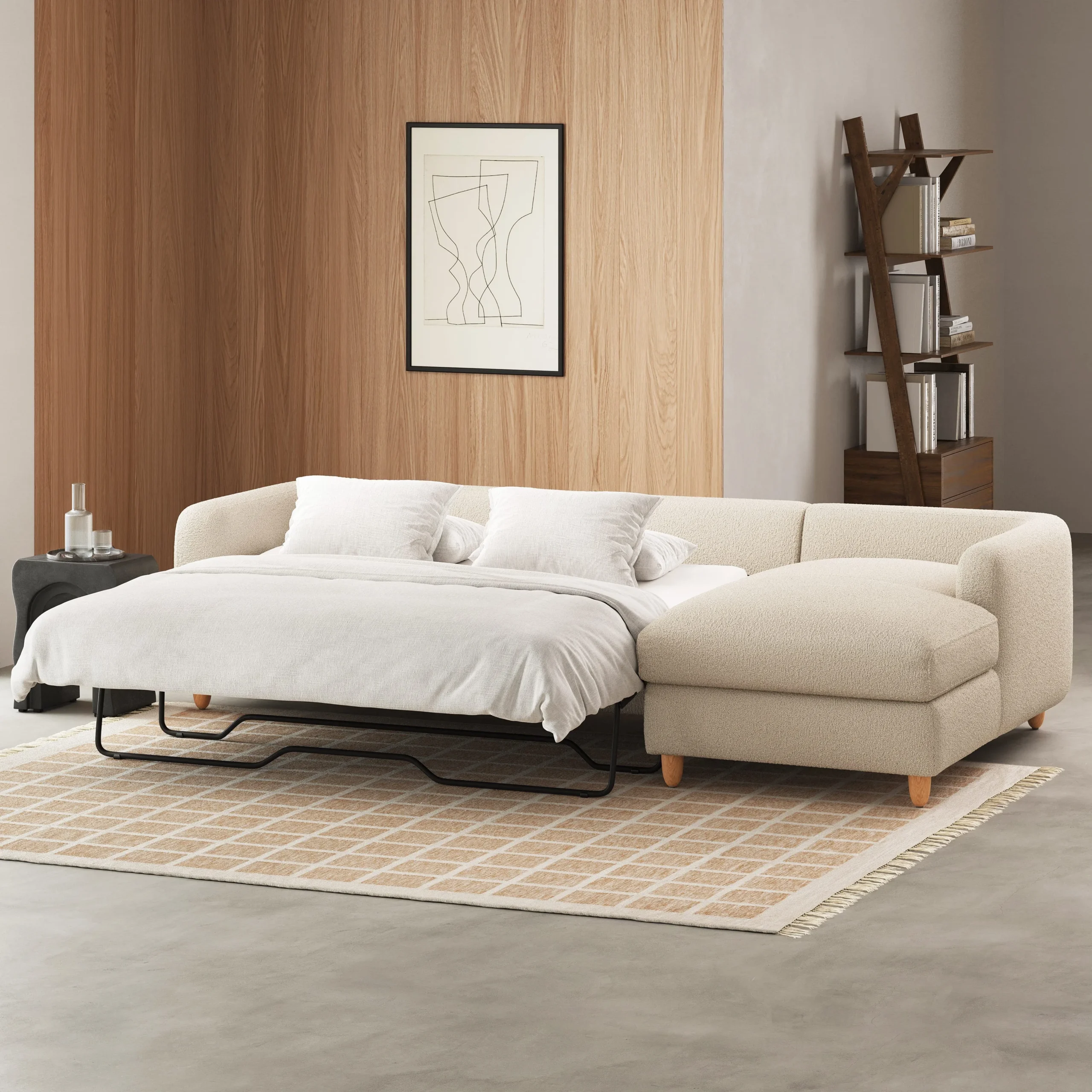 Vati 114_ Right Storage Sleeper Sectional - Natural Oak and Ivory Wool Bouclé - Image 3