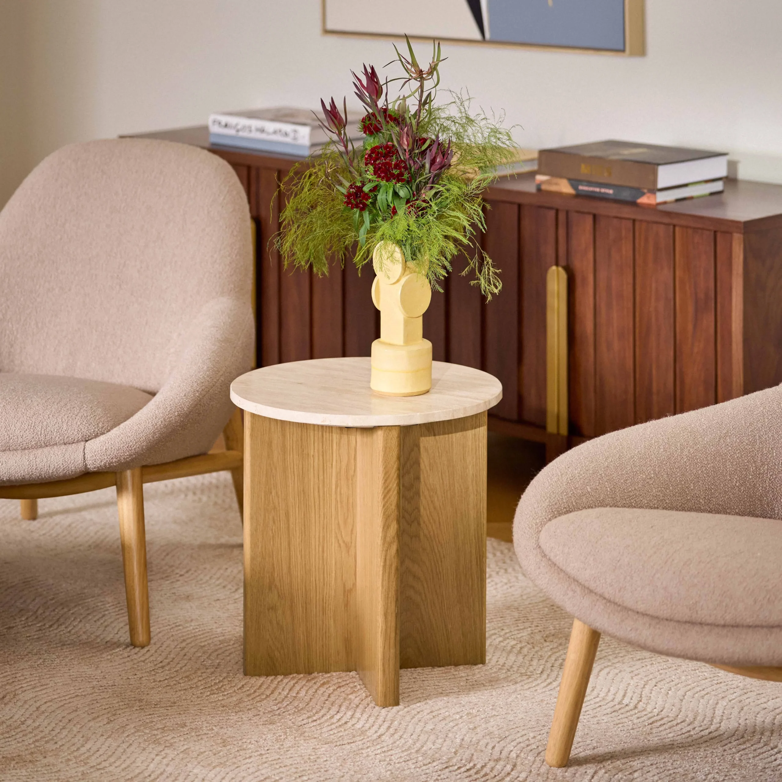 Sporo Travertine Side Table - Natural Oak