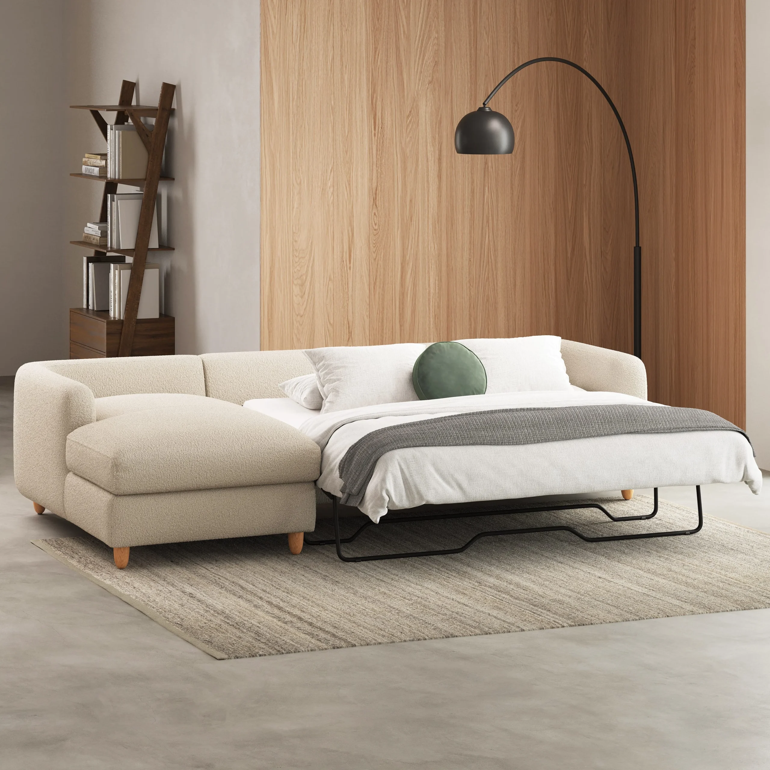 Vati 114_ Left Storage Sleeper Sectional - Natural Oak and Ivory Wool Bouclé - Image 3