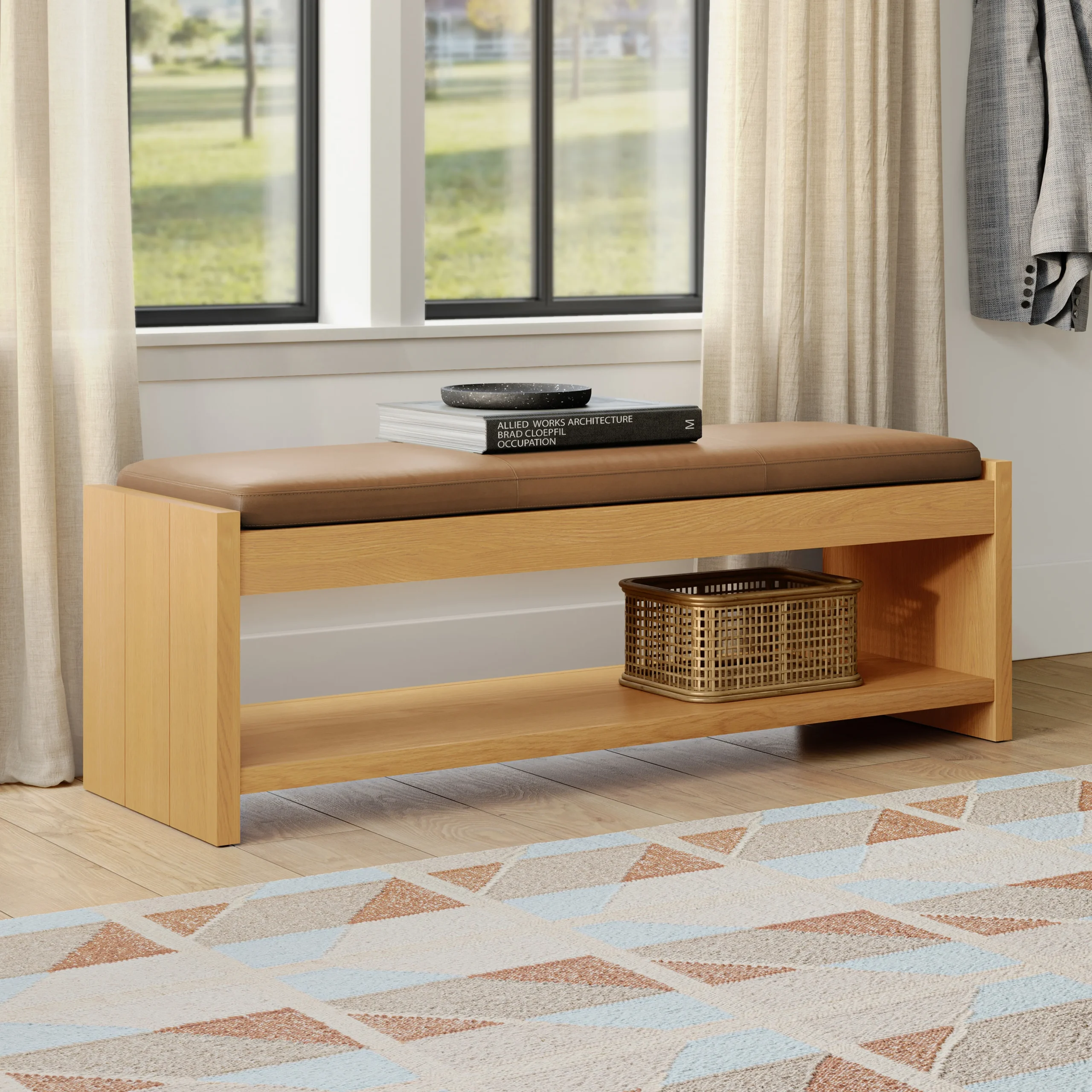 Cassie 56_ Leather Bench - Natural Oak and Charme Tan - Image 4