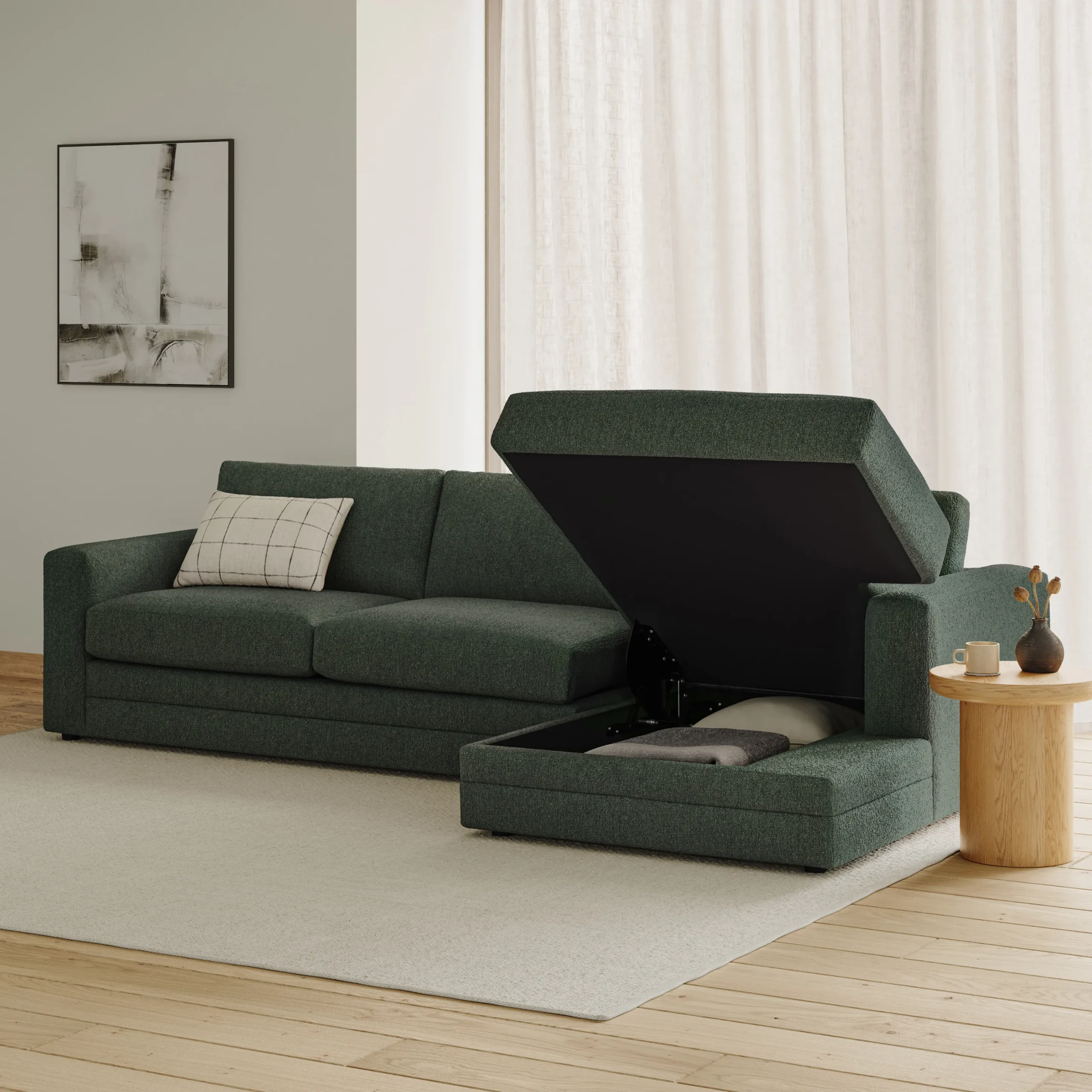 Riley 118_ Right Storage Sleeper Sectional - Green Wool Bouclé
