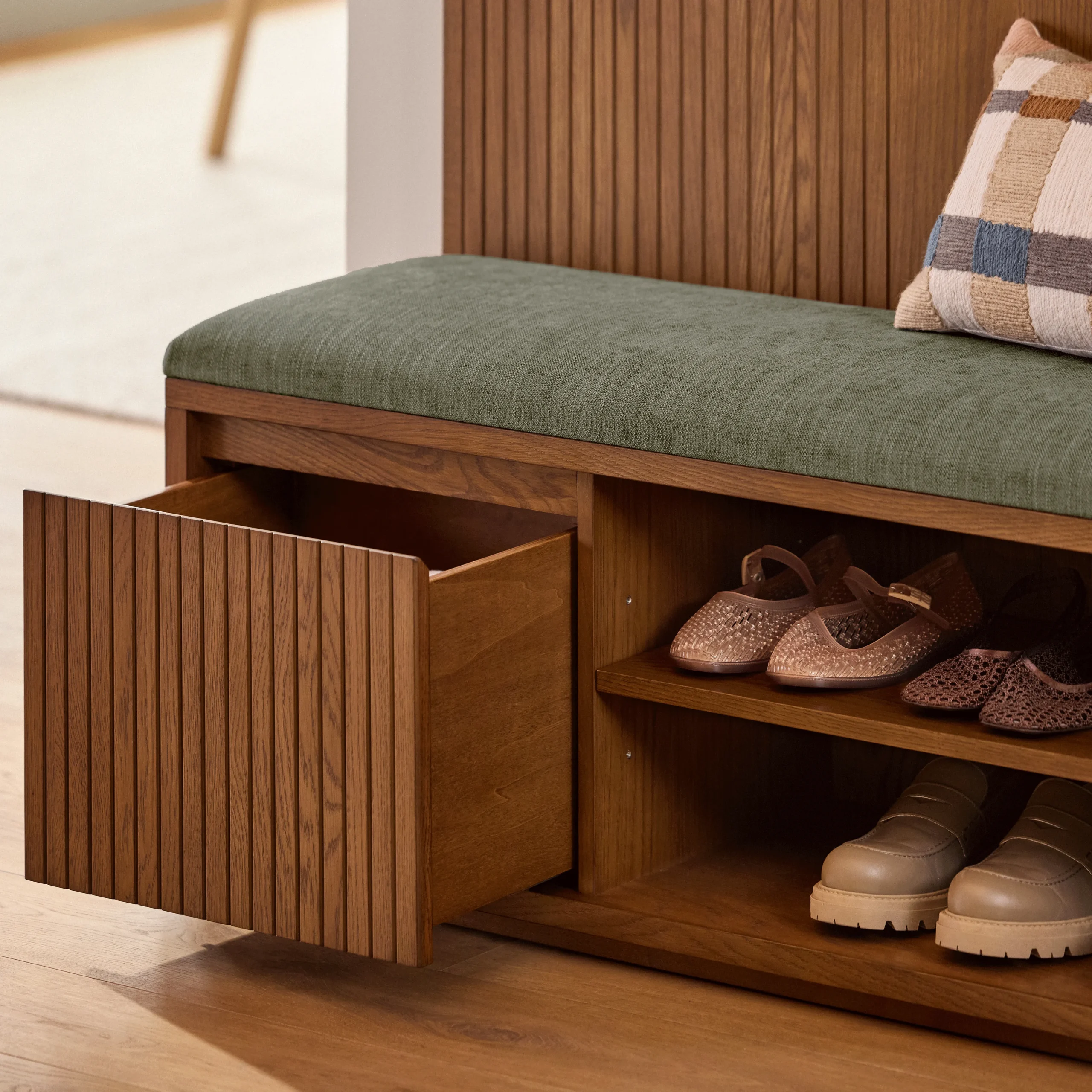Kouva 47_ Bench and Wall Panel Storage Set - Smoked Oak and Algonquin Green