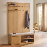 Kouva 47_ Bench and Wall Panel Storage Set - Natural Oak and Santolina Gray