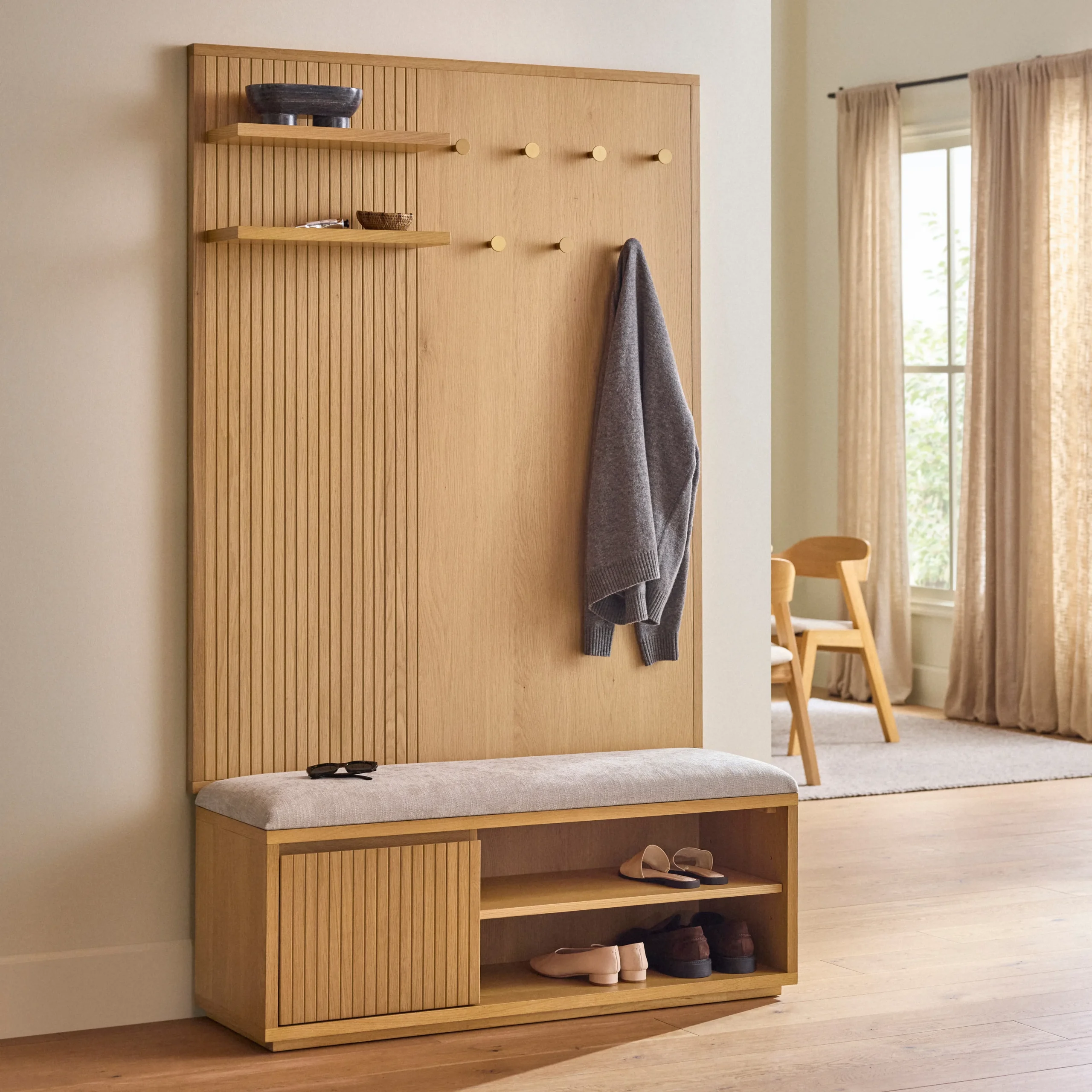 Kouva 47_ Bench and Wall Panel Storage Set - Natural Oak and Santolina Gray