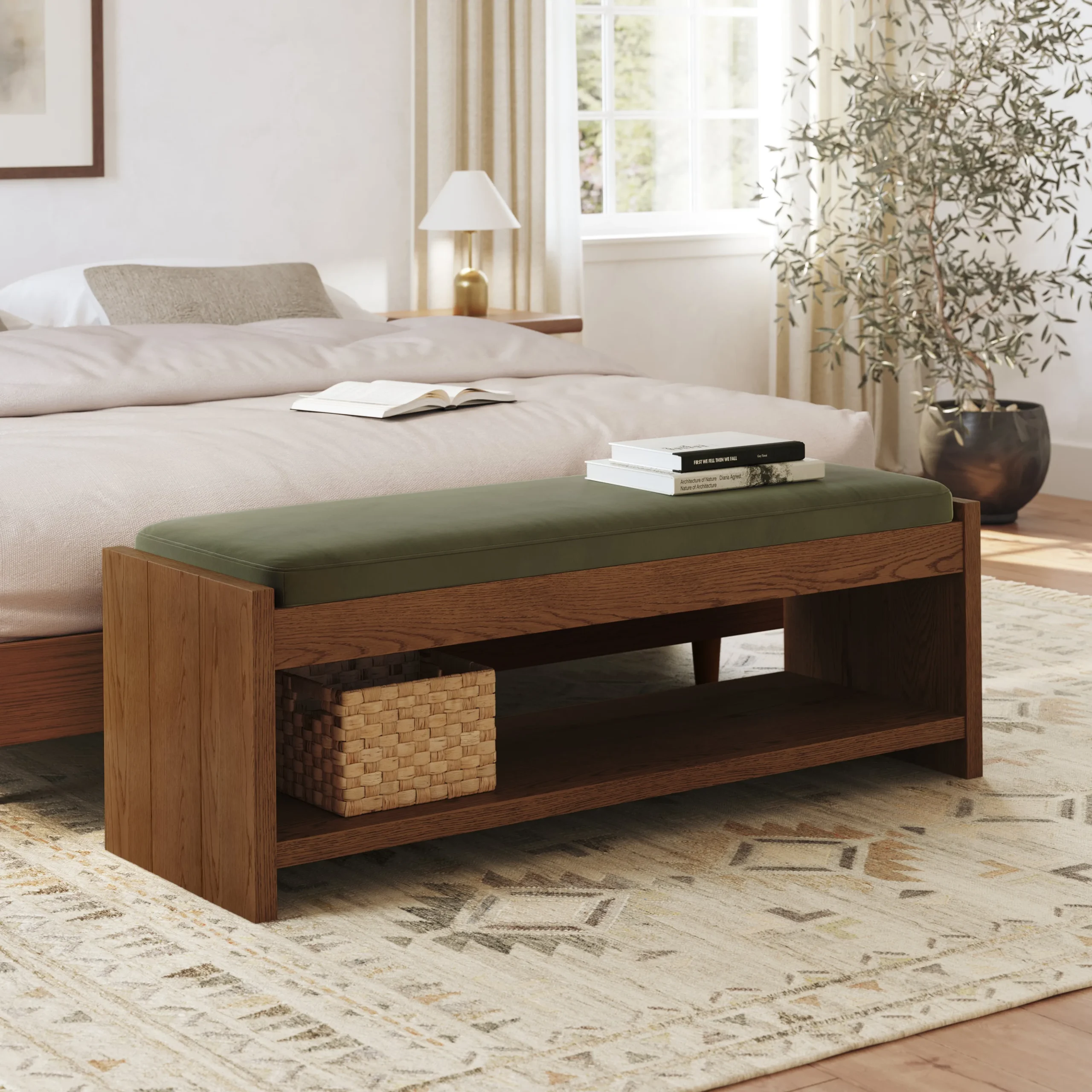 Cassie 56_ Velvet Bench - Smoked Oak and Hale Fir Green