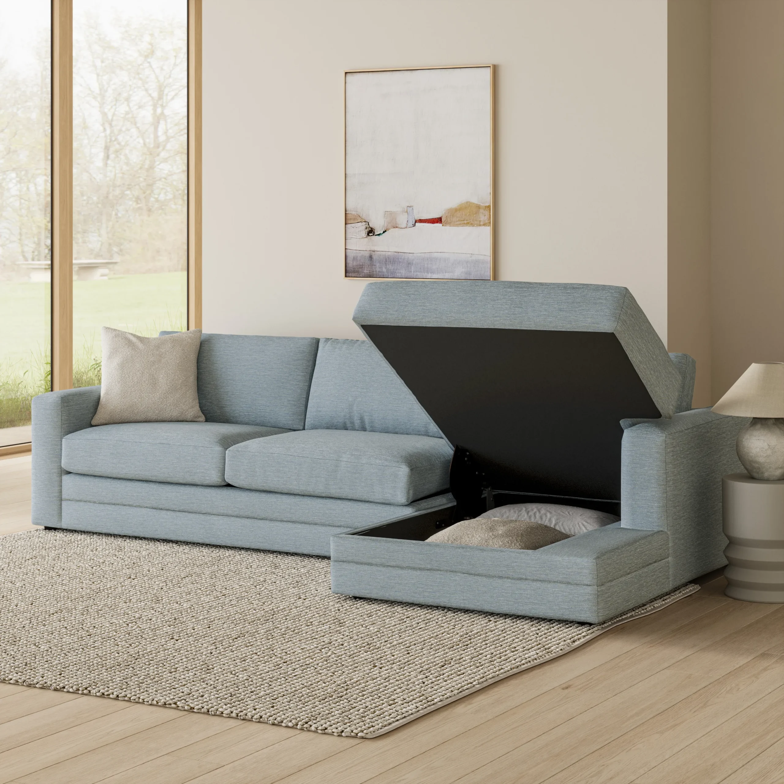 Riley 118_ Right Storage Sleeper Sectional - Silver Light Blue