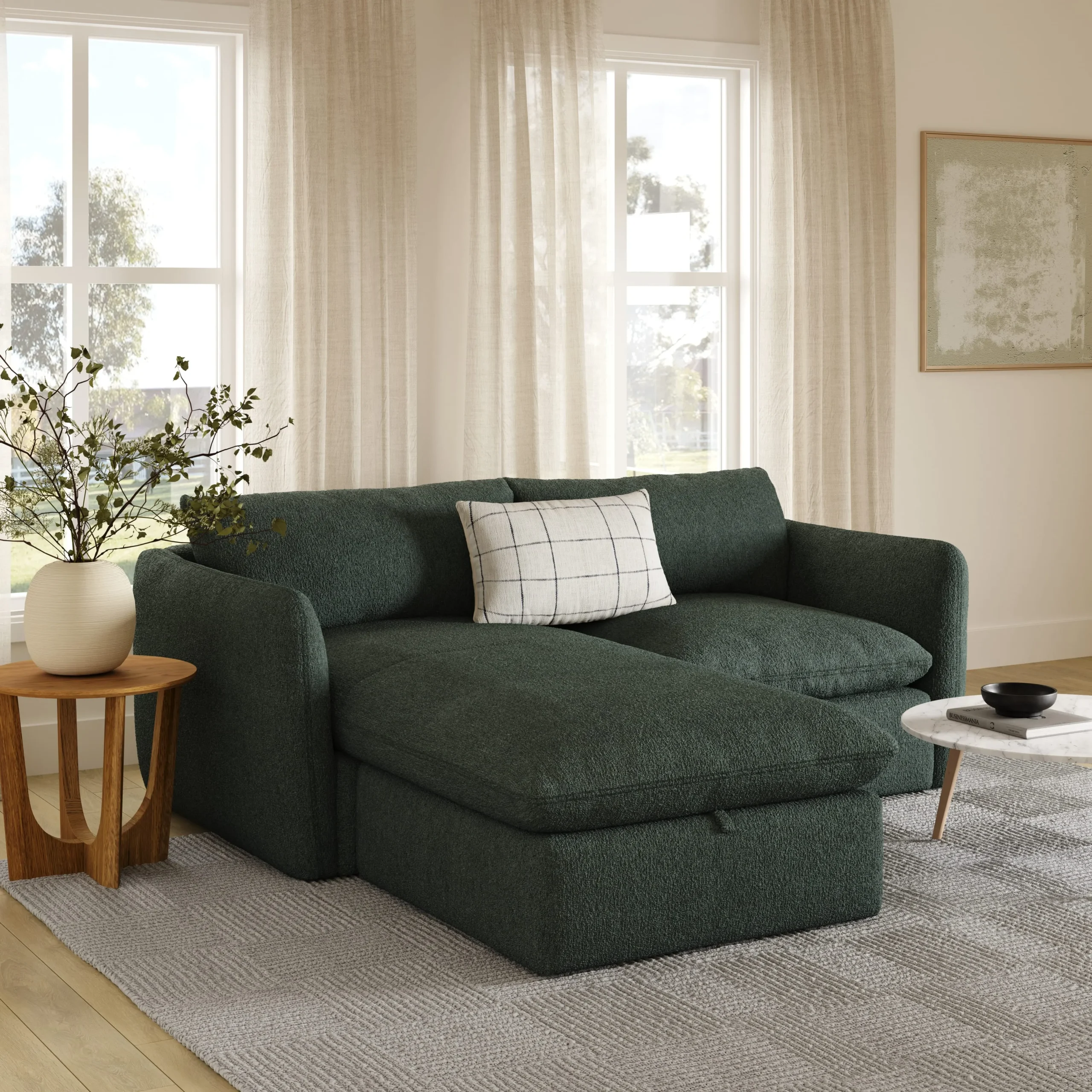 Leigh 86_ Reversible Storage Sleeper Sectional - Green Wool Bouclé - Image 8