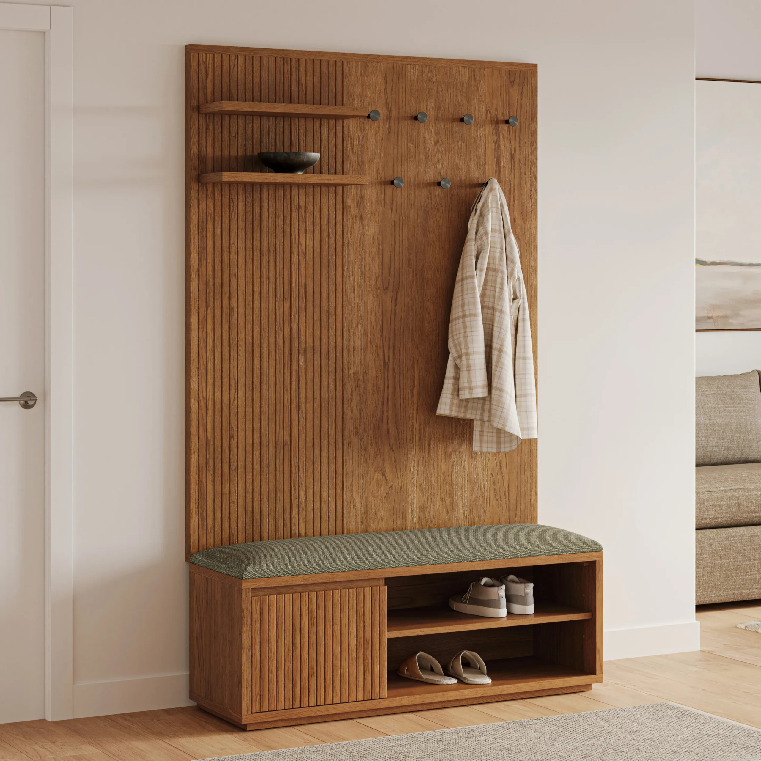 Kouva 47_ Bench and Wall Panel Storage Set - Smoked Oak and Algonquin Green - Image 12