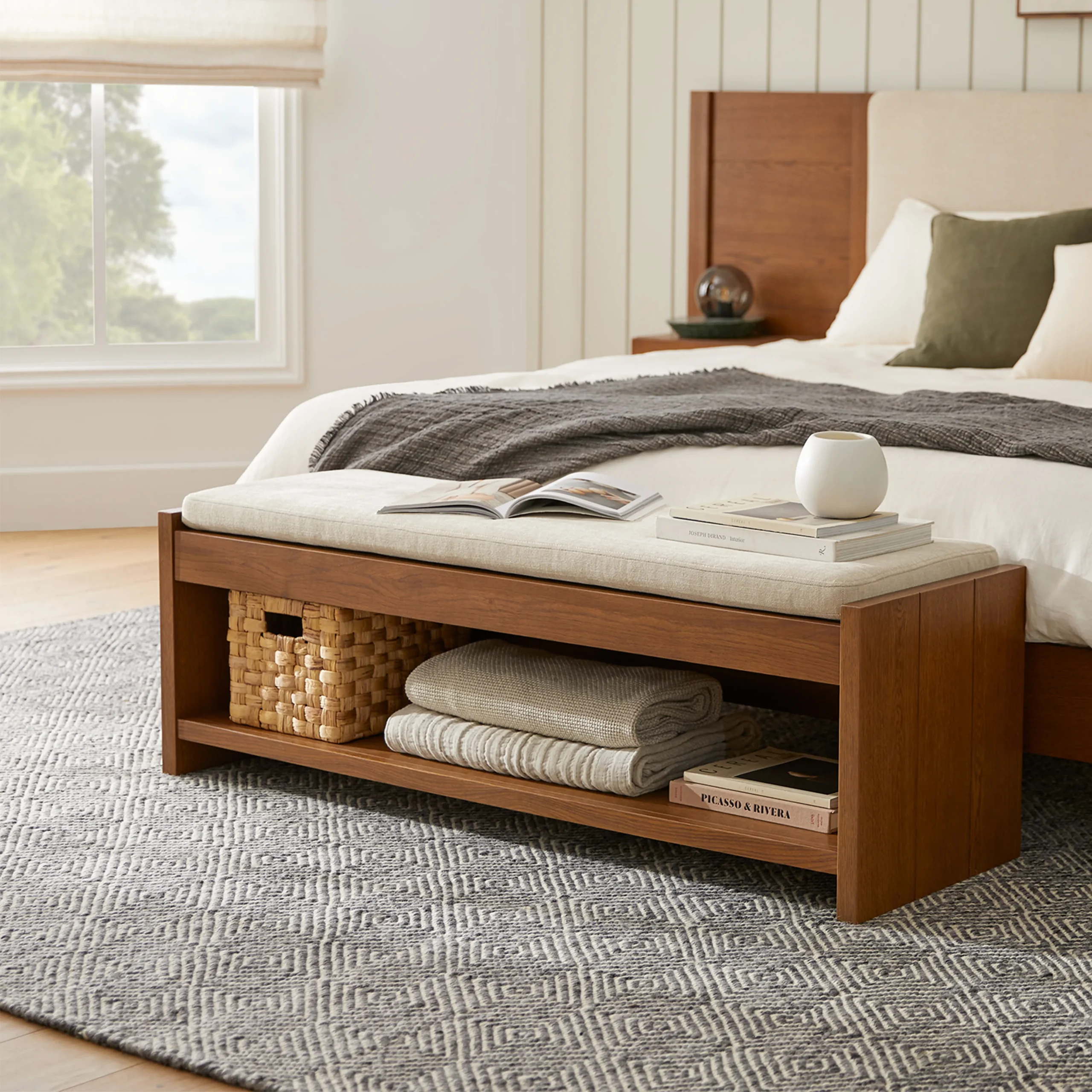 Cassie 56_ Bench - Smoked Oak and Taupe Chenille