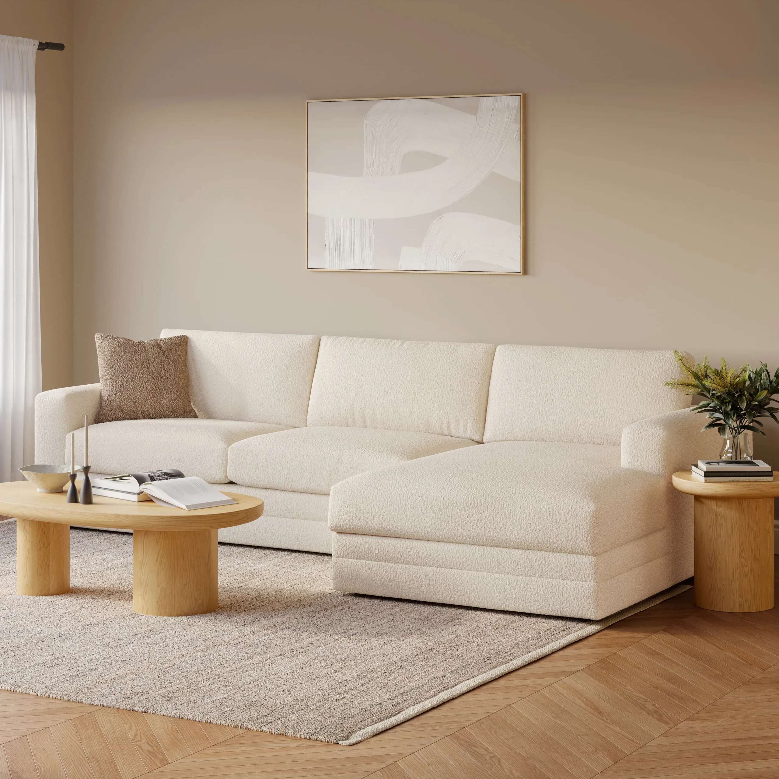Riley 118_ Right Storage Sleeper Sectional - Ivory Wool Bouclé
