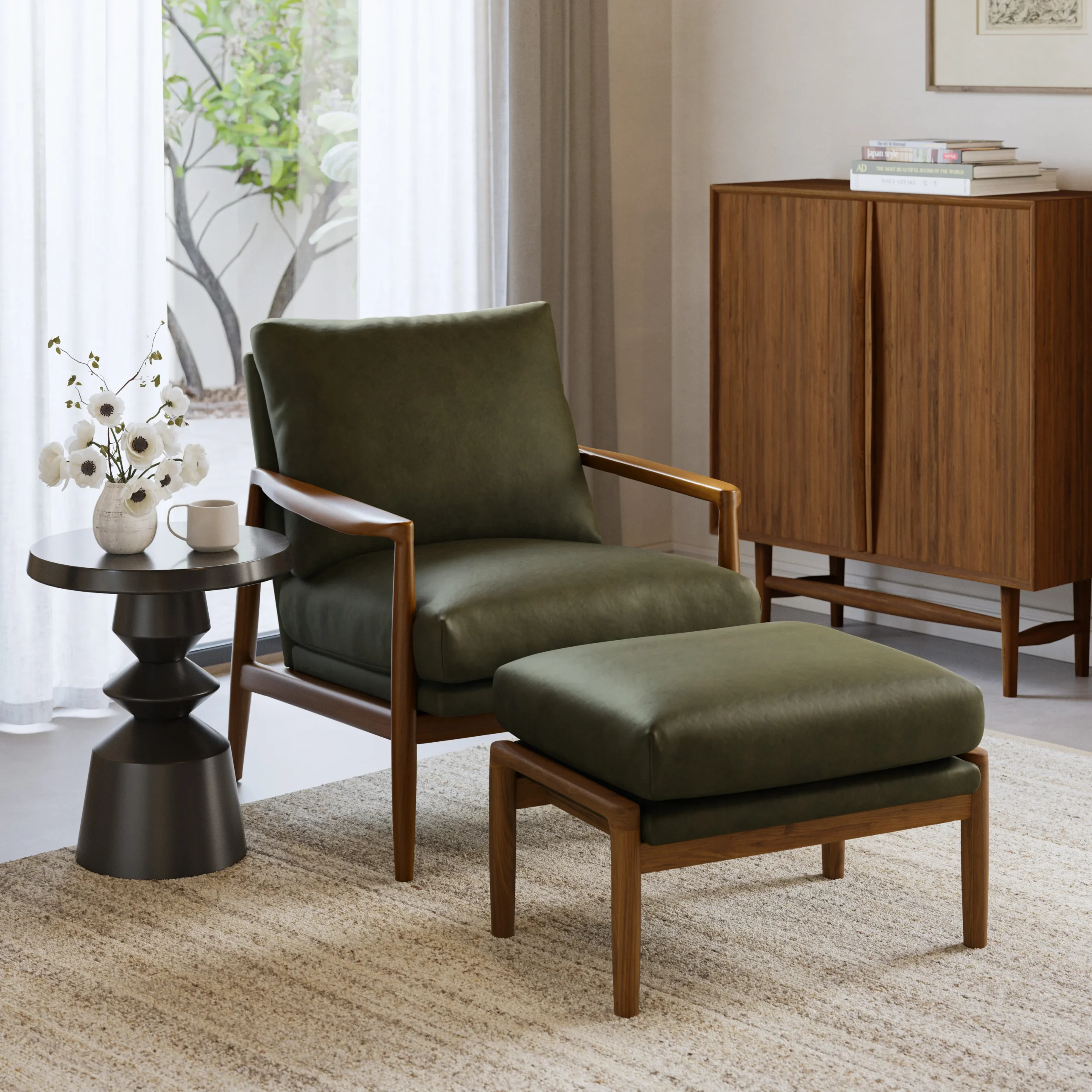 Bavel 26_ Leather Lounge Set - Walnut and Charme Green