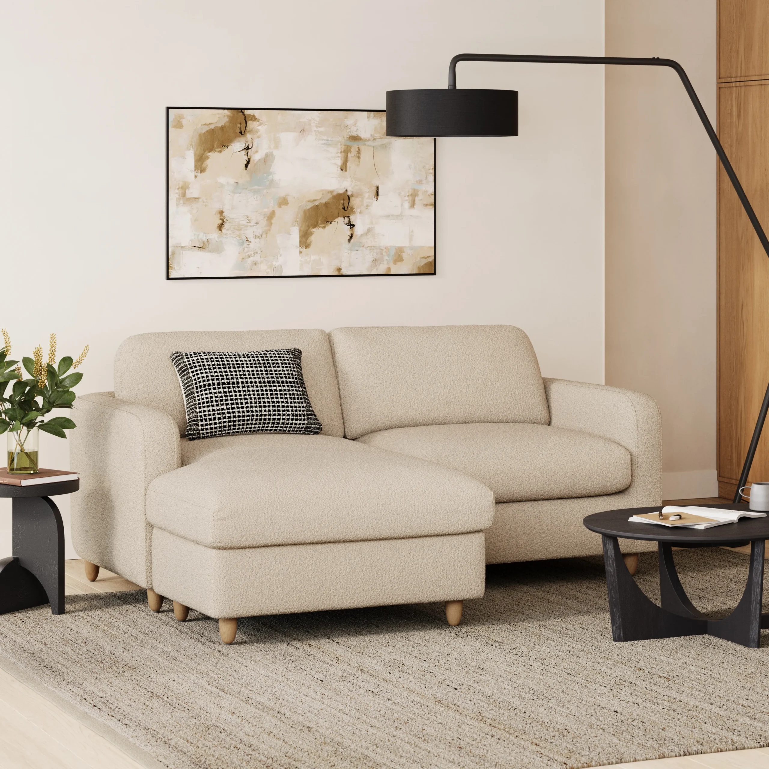 Vati 80_ Left Storage Sectional - Natural Oak and Ivory Wool Bouclé
