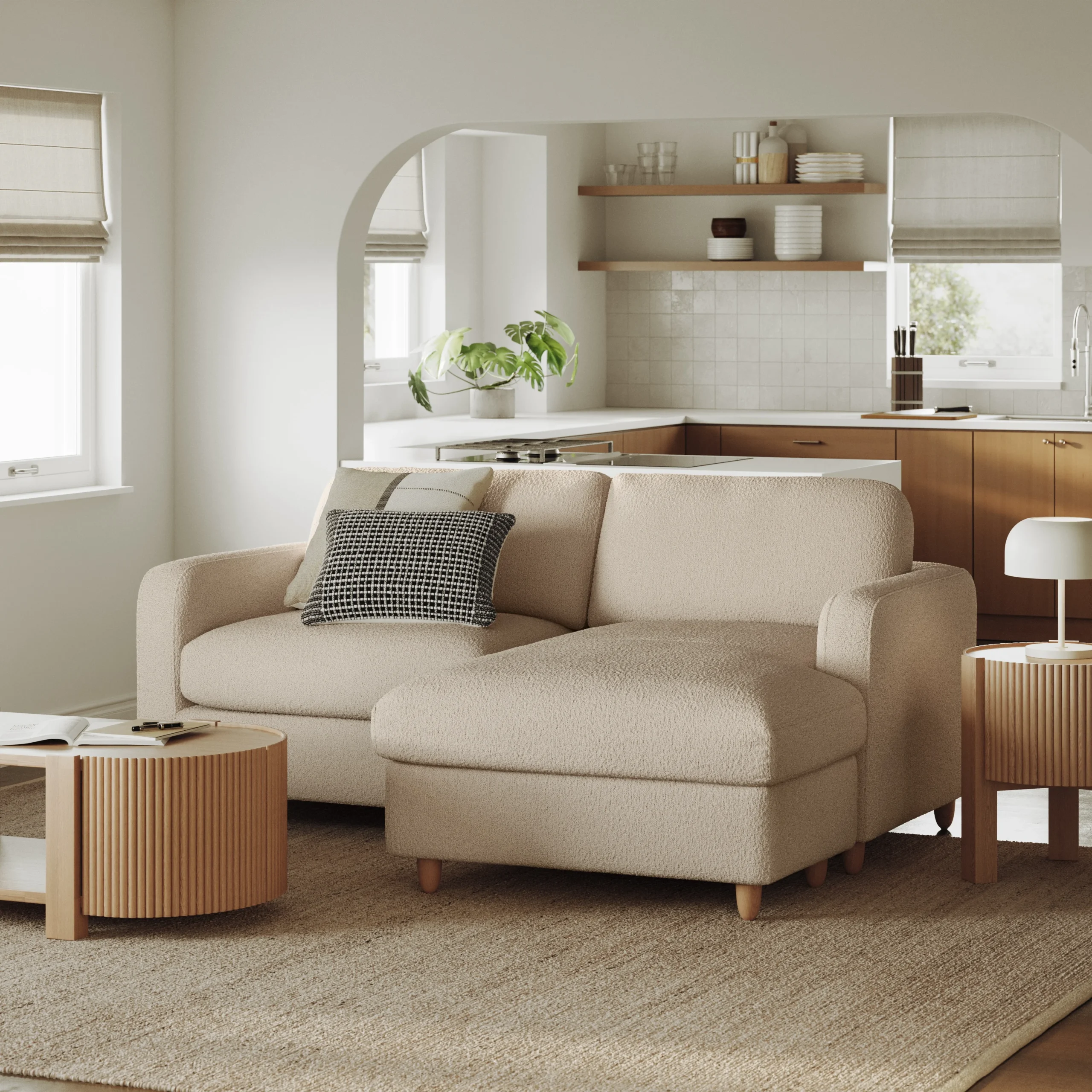 Vati 80_ Right Storage Sectional - Natural Oak and Ivory Wool Bouclé